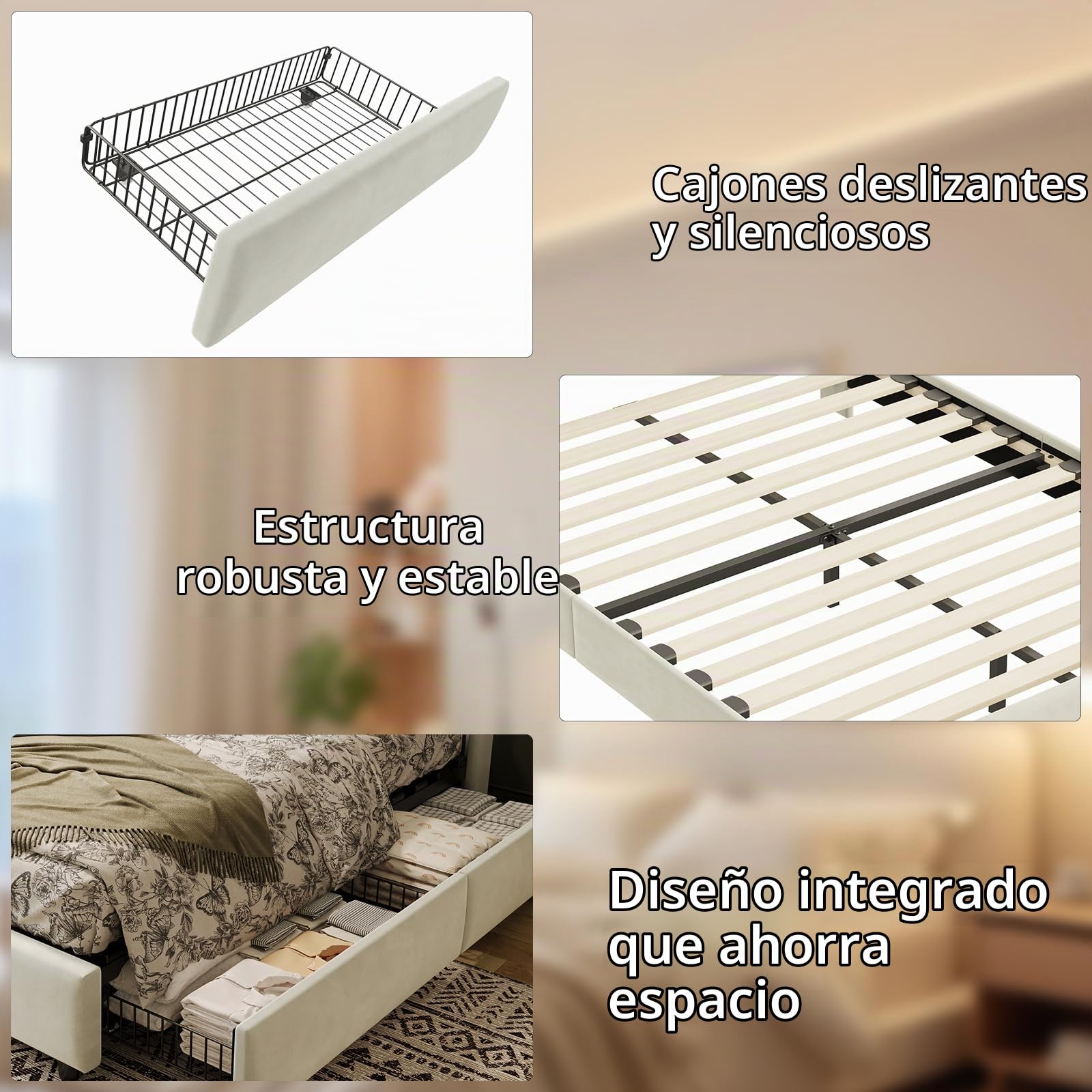 Camas Matrimoniales 160x200 con Tira LED y USB C, Cama Canape con 4 Cajones y Cabecero Almacenaje Multifuncional,Cama Tapizada en Terciopelo,Somier Madera,Marco metálico,Estable500kg,Beige