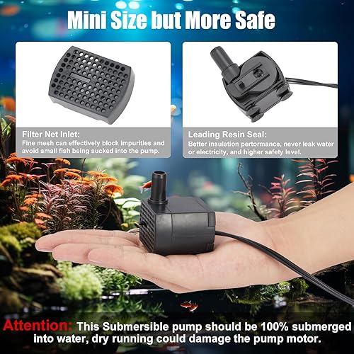 Miniatura 4 de Mini bomba sumergible de 90 GPH, bomba de fuente pequeña (5 W 350 LH), bomba de agua de acuario ultra silenciosa para pecera, fuente de mesa, fuente