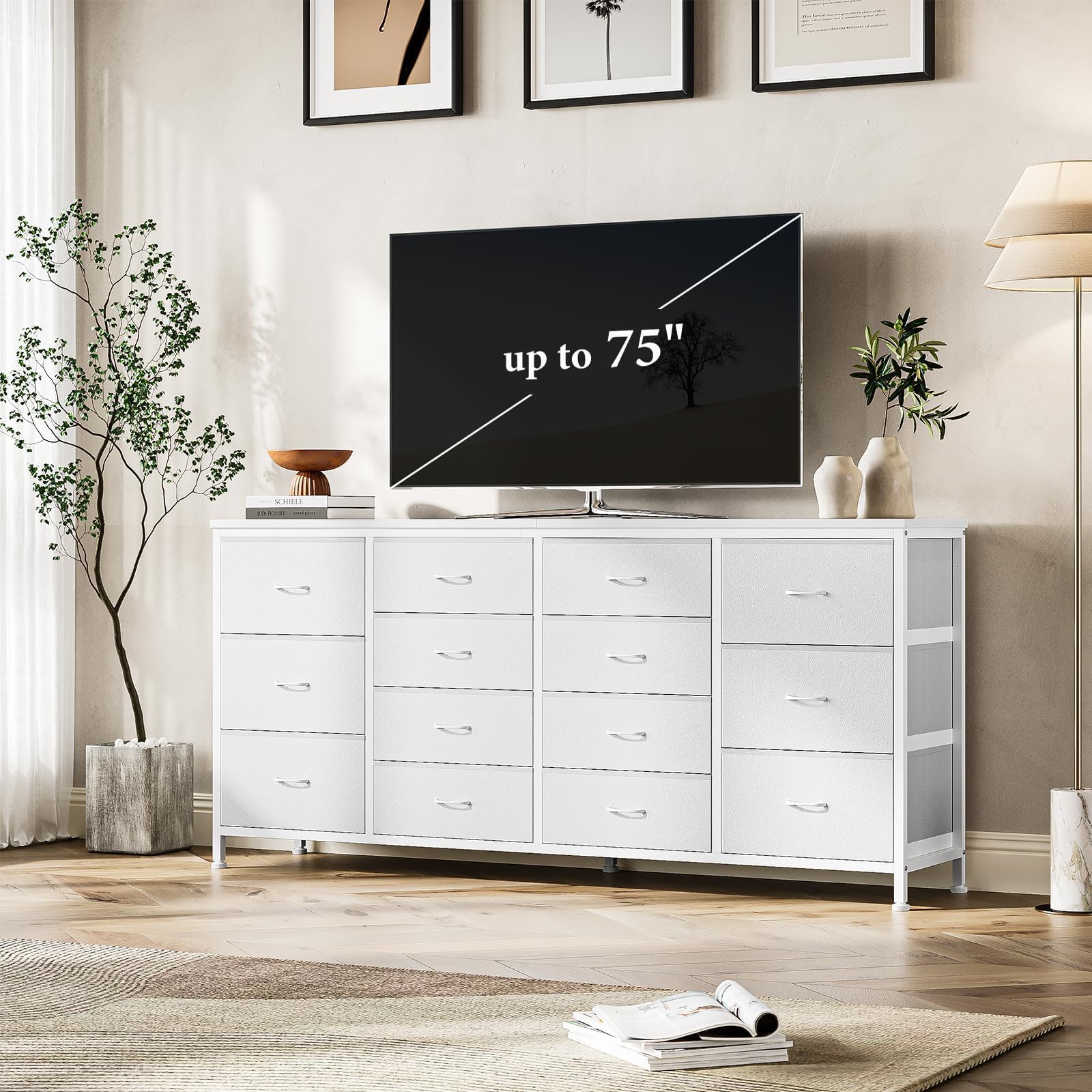 GarveeHome Organización Moderna para el hogar – Cómoda con 14 cajones de Tela, Estructura metálica y enchufes eléctricos/USB, para Dormitorio, salón o habitación Infantil, 160x35x75 cm, Blanco