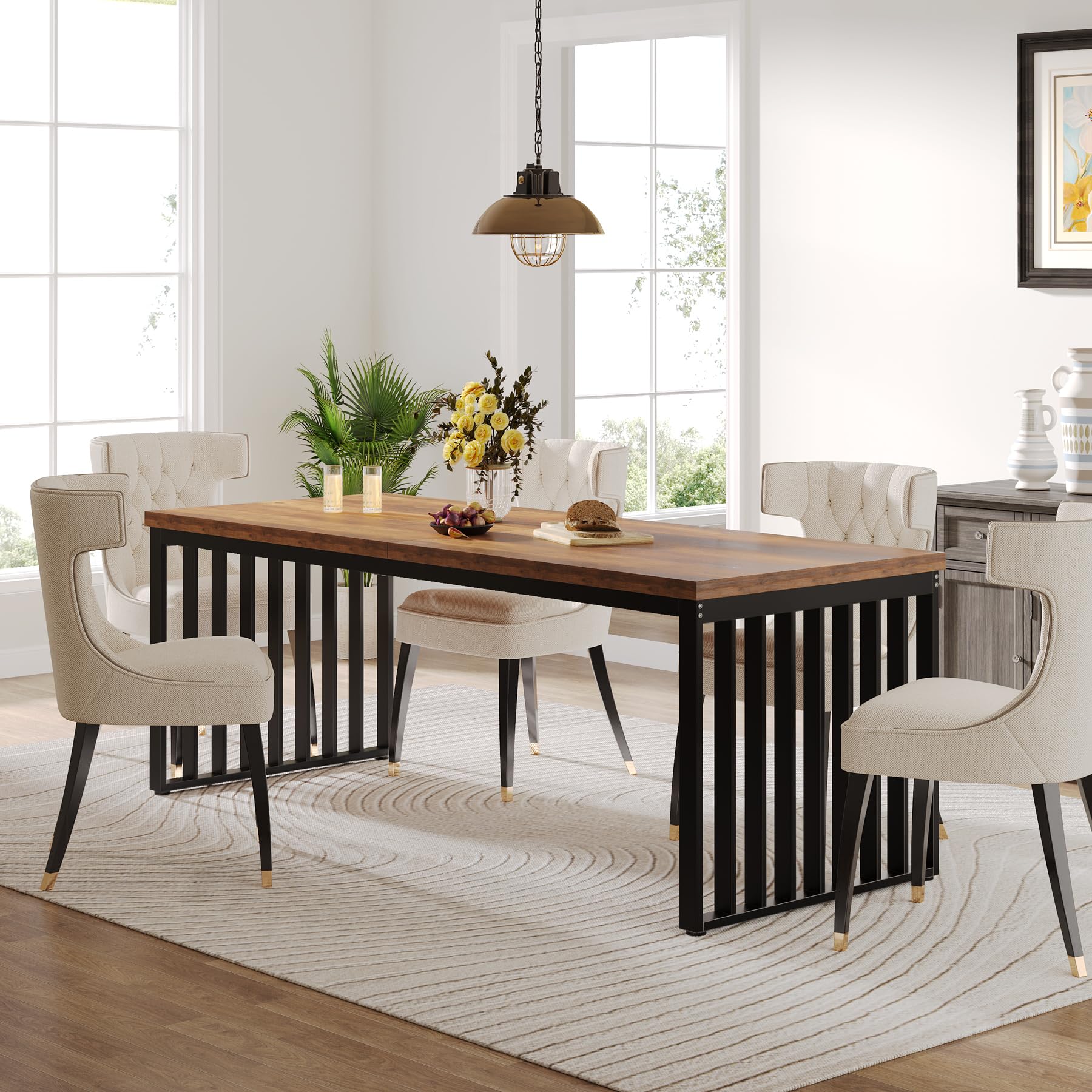Tribesigns Mesa de Comedor Industrial para 6-8 Personas, Mesa de Comedor Rectangular de 180 cm de Largo, Mesa de Cocina con Estructura de Metal Resistente para Comedor, Cocina, salón (sin Silla)