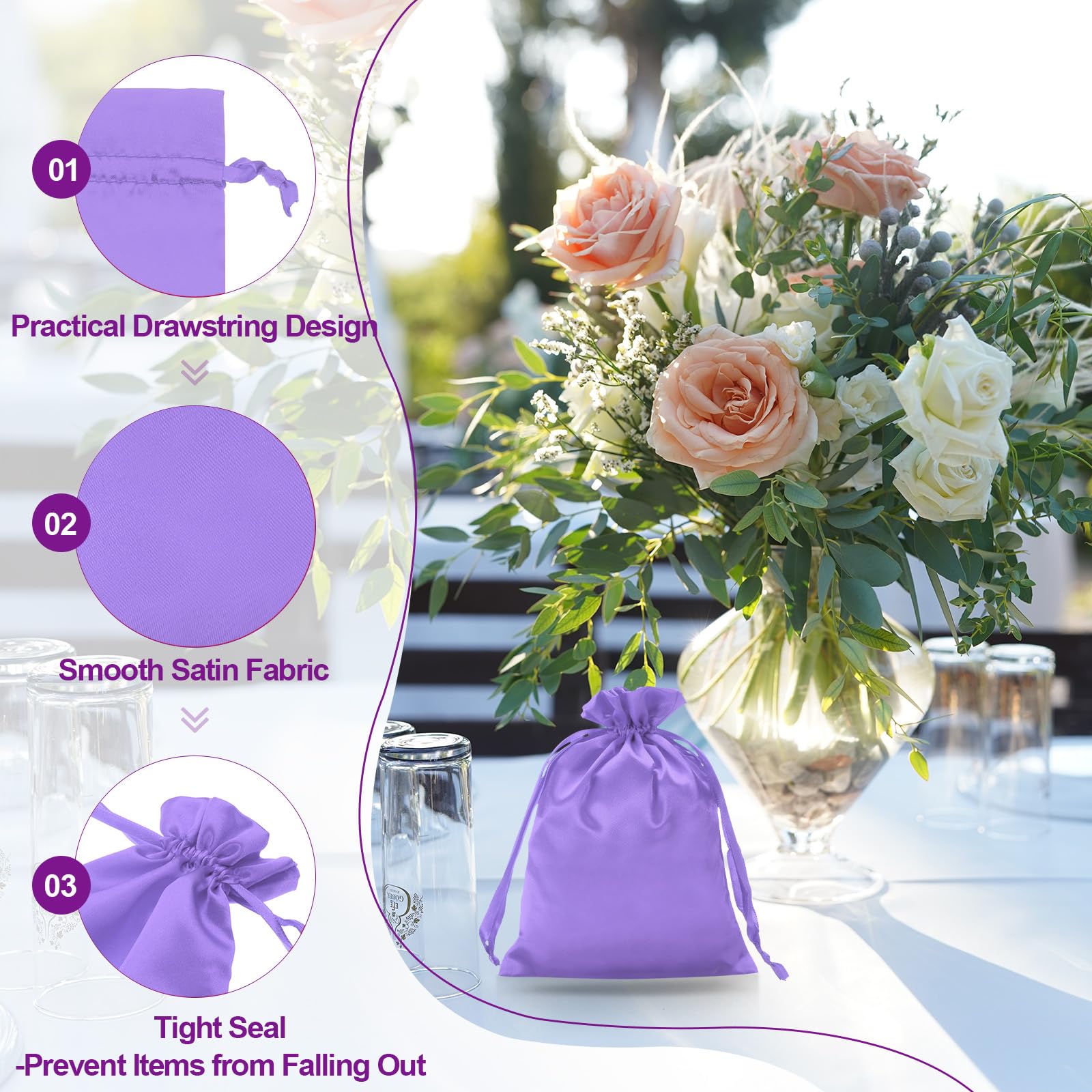 PATIKIL Sacchetti Confetti In Raso Con Cordino, 6 Pezzi 10x15 Cm, Portaconfetti Per Bomboniere Matrimonio, Compleanni, Gioielli, Rosso/Rosa/Oro/Viola Chiaro - 2