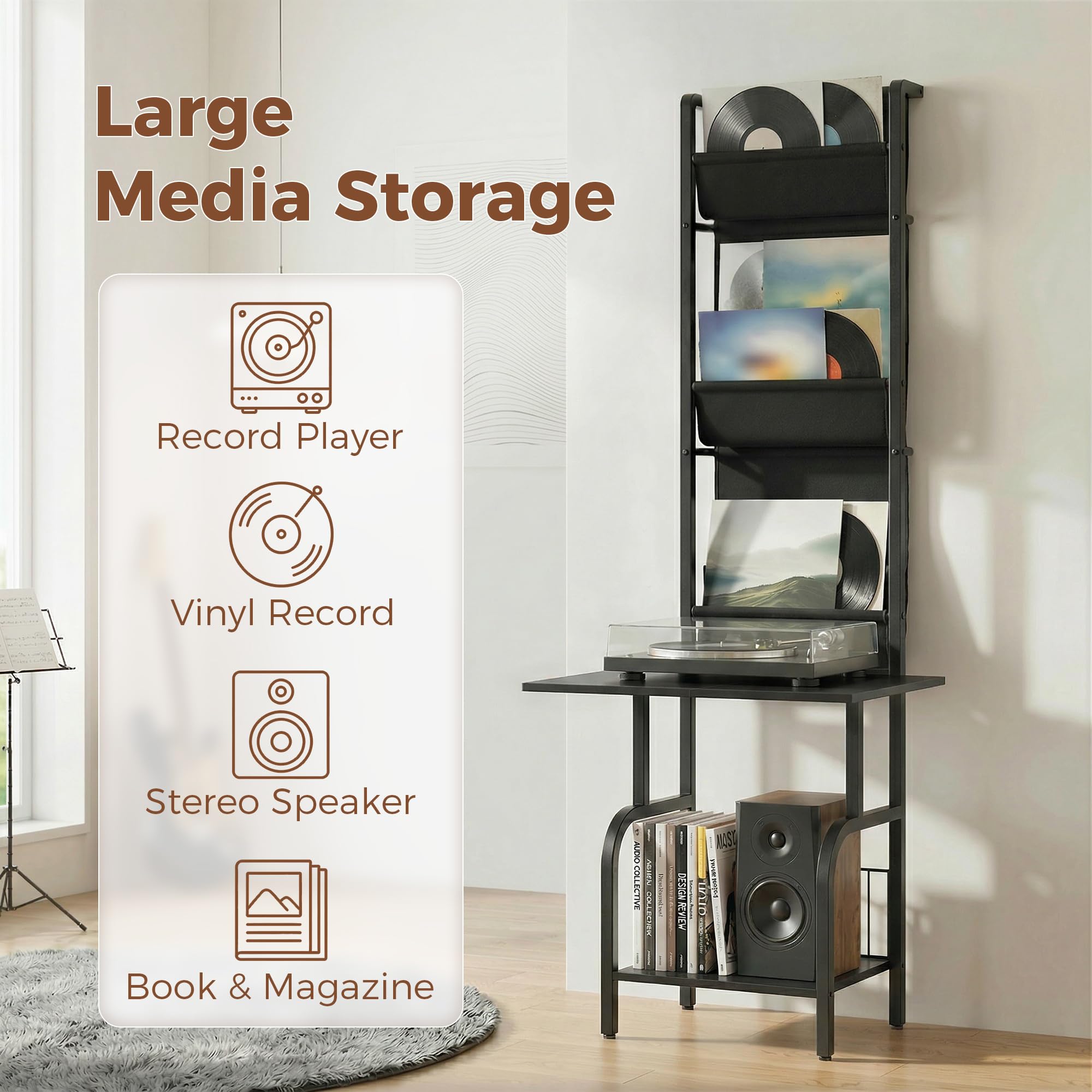 HOMCOM Almacenamiento de discos de vinilo con soporte para reproductor, soporte giratorio y estante de exhibición, unidad de almacenamiento de CD para hasta 40 CD, mesa de reproductor de discos para