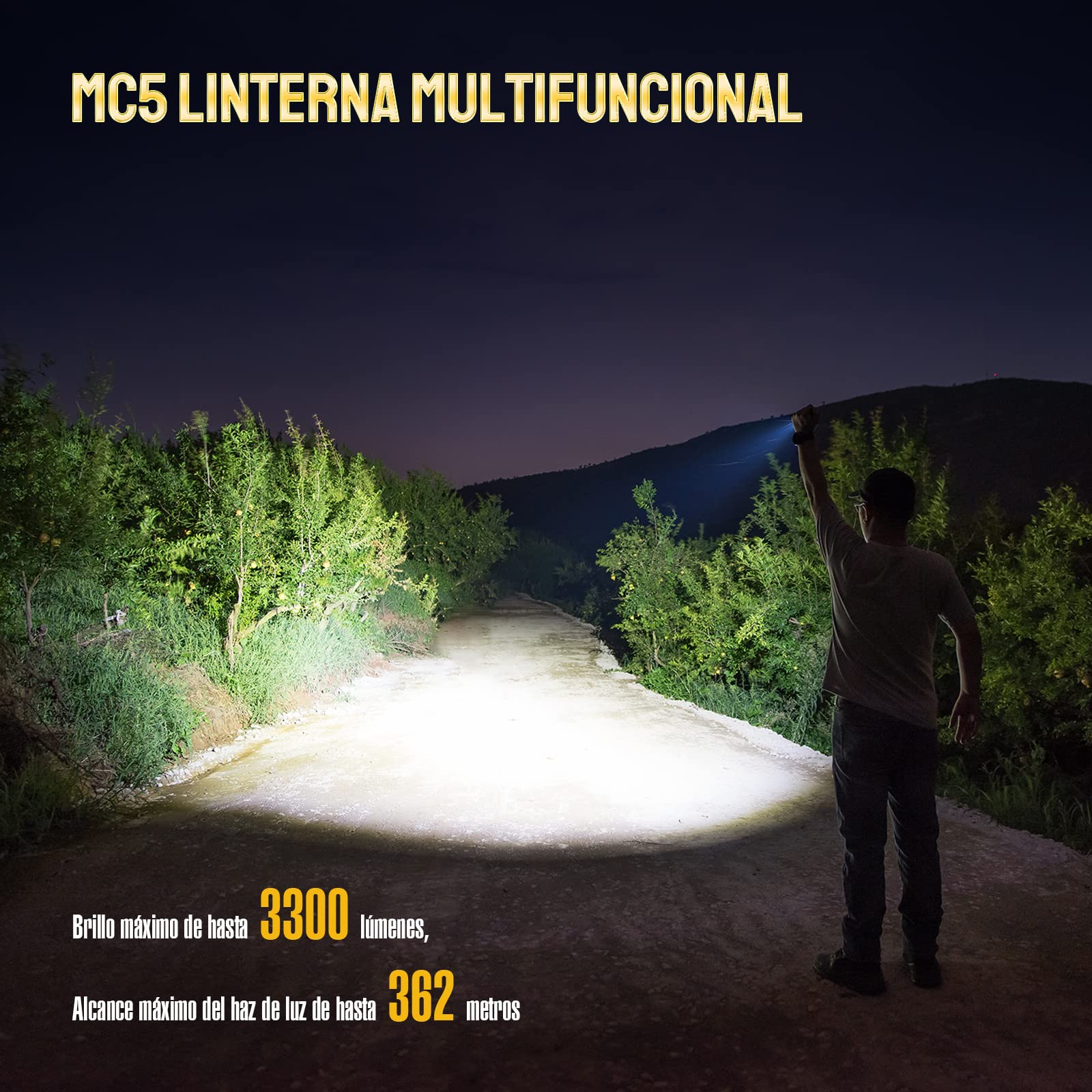 TrustFire MC5 Linterna, Linterna Led Recargable de 3300 Lúmenes, Más Brillante Linterna Táctica, Linternas LED Alta Potencia IPX8 Impermeable, Linterna de Caza con 5 Modos - Desierto Amarillo