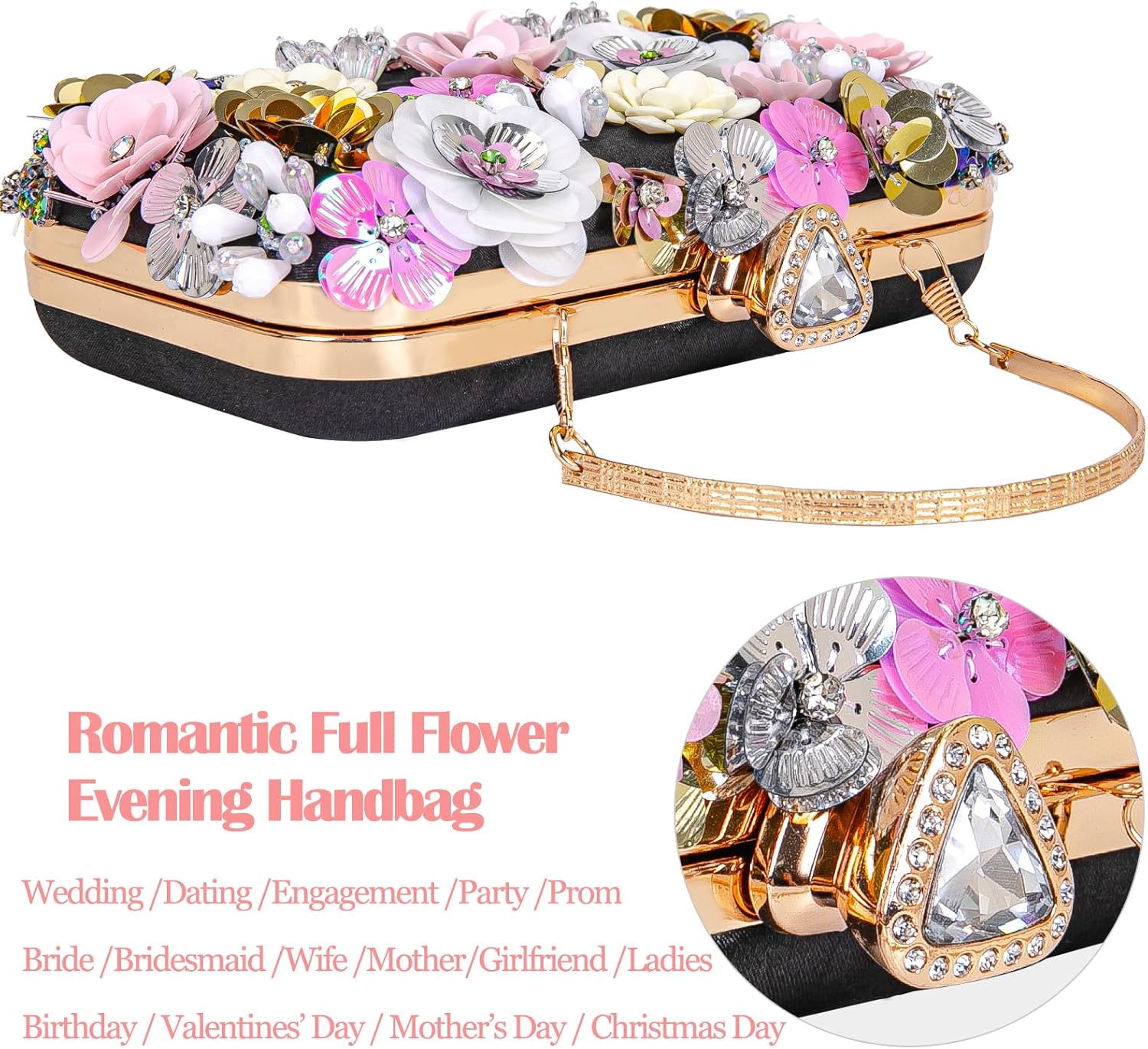 Women Clutches Flower Evening Handbag Chain Strap Shoulder Bag handbag Wedding bag purse - Image 4