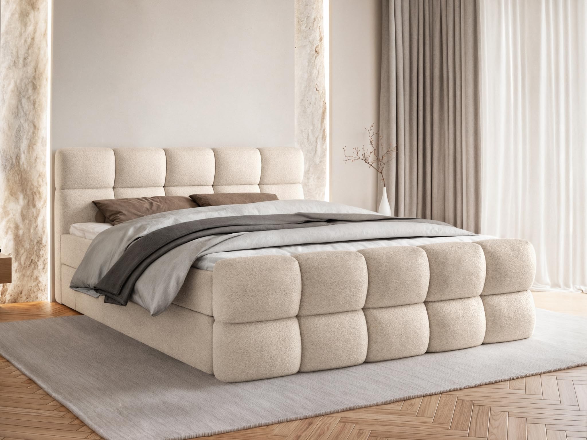 Boxspringbett mit 2 Bettkästen, Taschenfederkernmatratze und Topper, Gepolstertes Doppelbett mit Kopfteil und Fußteil, Bouclé-Stoff, Polsterbett Leo (Anthology 03, 160 x 200 cm)