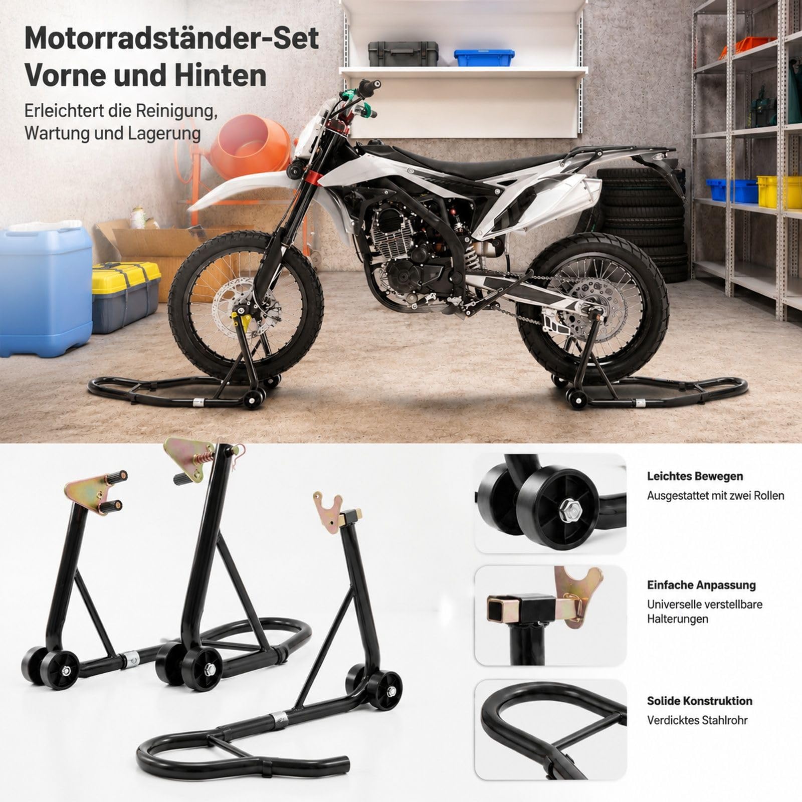 Motorrad Montageständer Set für Vorder- und Hinterrad aus Stahl mit verstellbaren Armen, U- und L-Aufnahmen für Reparatur, Wartung und Lagerung zu Hause