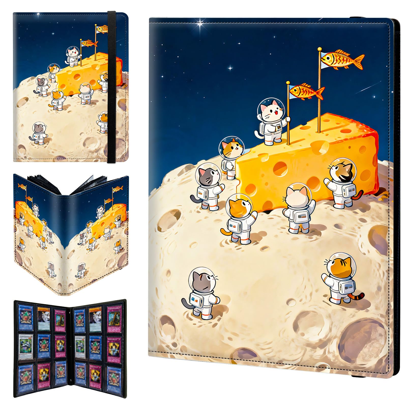 9 Pocket Trading Card Binder 900 Side Loading Pocket Album with Cat on Moon Pattern Design Card Binder for Sports Cards & Game Cards