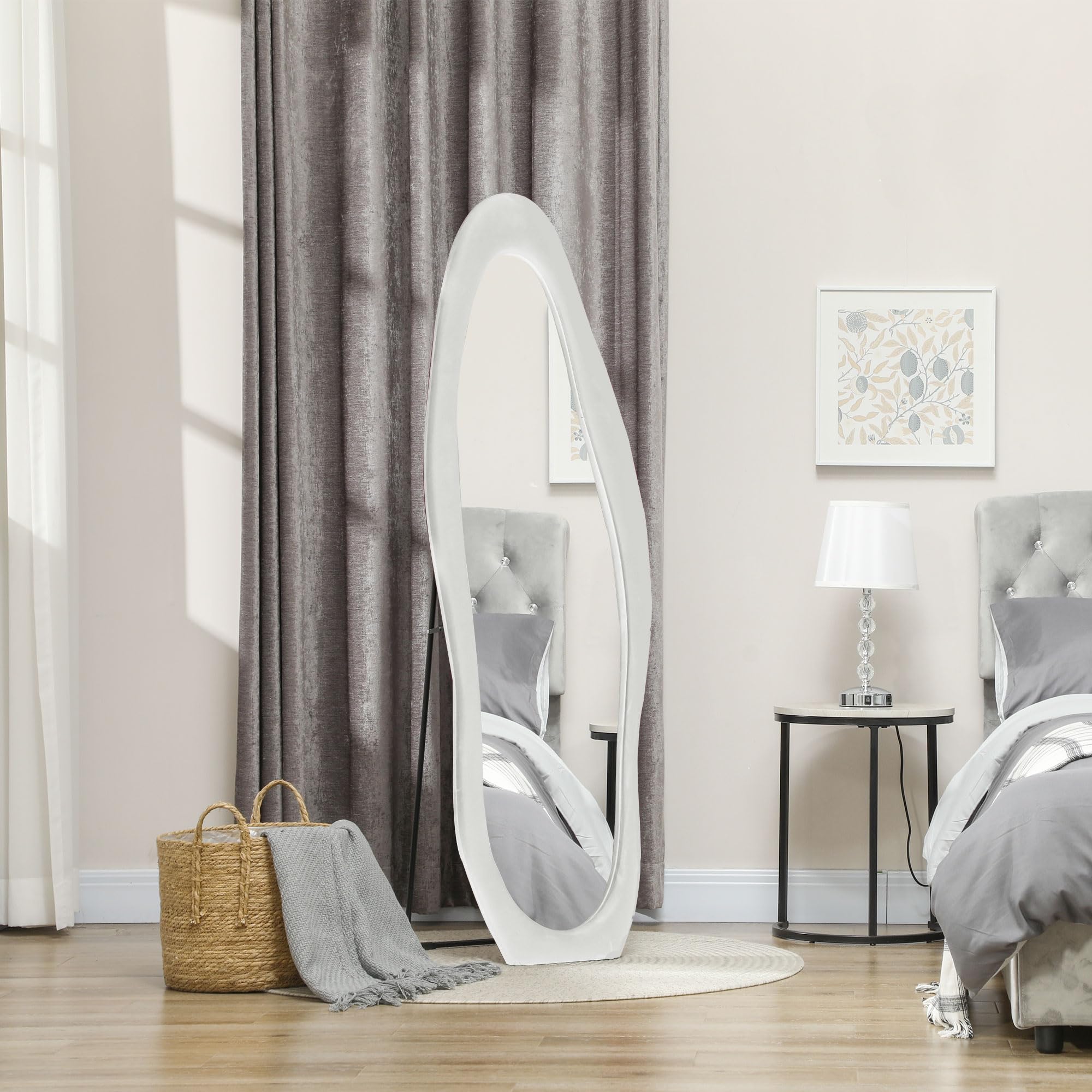 HOMCOM Miroir sur Toute la Longueur, 50 x 160 cm, avec revêtement en Velours, Miroir Mural ondulé irrégulier pour Chambre à Coucher, Salon, Blanc