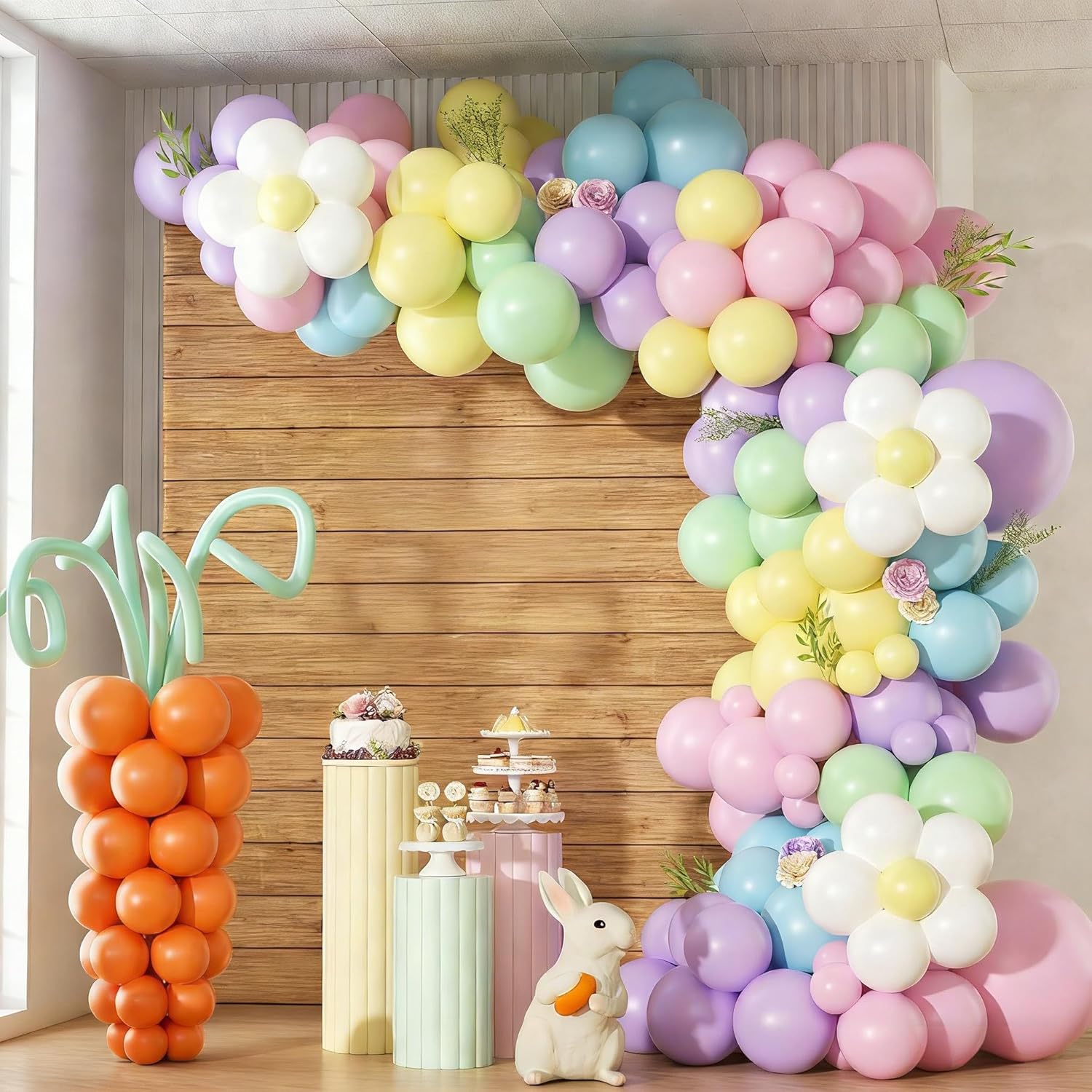 179pcs Easter Balloon Arch Garland Kit with Pastel Yellow Purple Green Orange Blue Pink Rabbit Carrot Balloons for Baby Shower Birthday Party Decorations