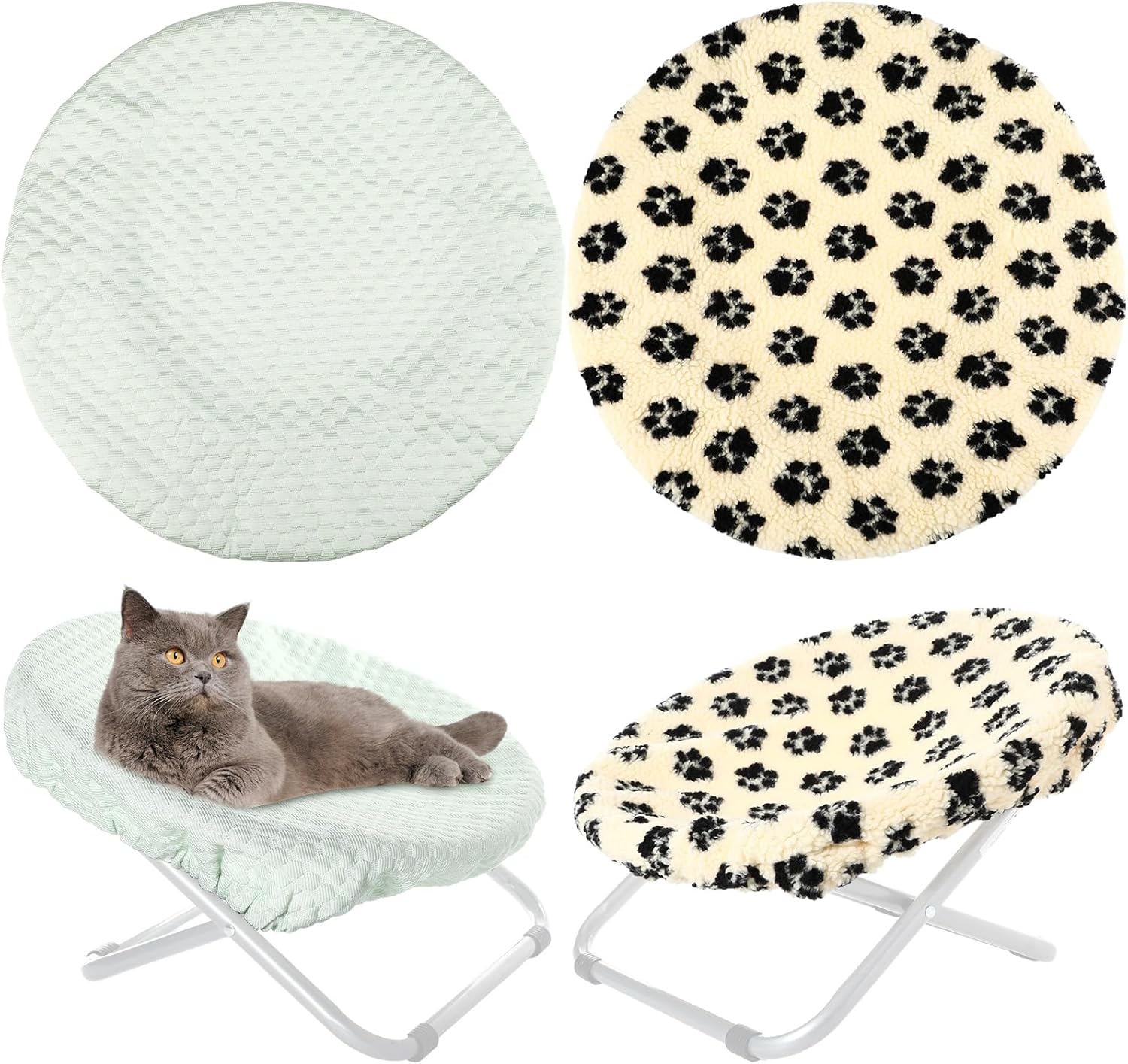 2 Pcs Replacement Cover for 20 Inch Pet Chair Bed Cooling Fabric Summer and Plush Paw Print Winter Washable Seasonal Protector for Round Moon Saucer Folding Cat Dog Nest