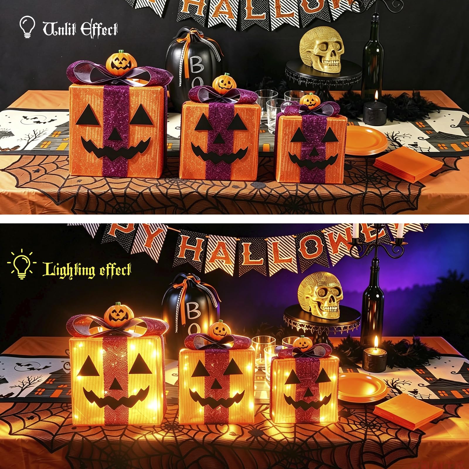 Scatole regalo di Halloween, decorazioni per luci, 3 pezzi, alimentate a batteria, con luci LED calde, per interni ed esterni, cortile, portico, giardino, decorazione