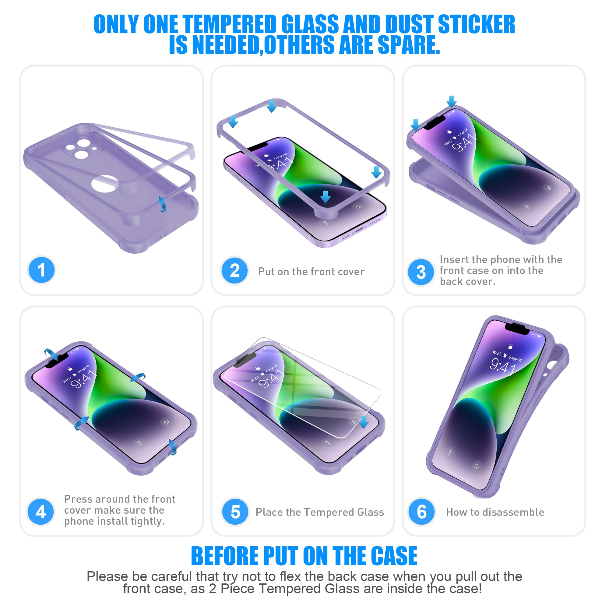 ORETECH Compatibile con Cover iPhone 14, Custodia iPhone 14 con [ 2 x Pellicola Protettiva Vetro Temperato] 2 in 1 Ultra Sottile Antiurto Hard PC Silicone Anti Graffio Cover per iphone 14 - Lillà - Vista 8