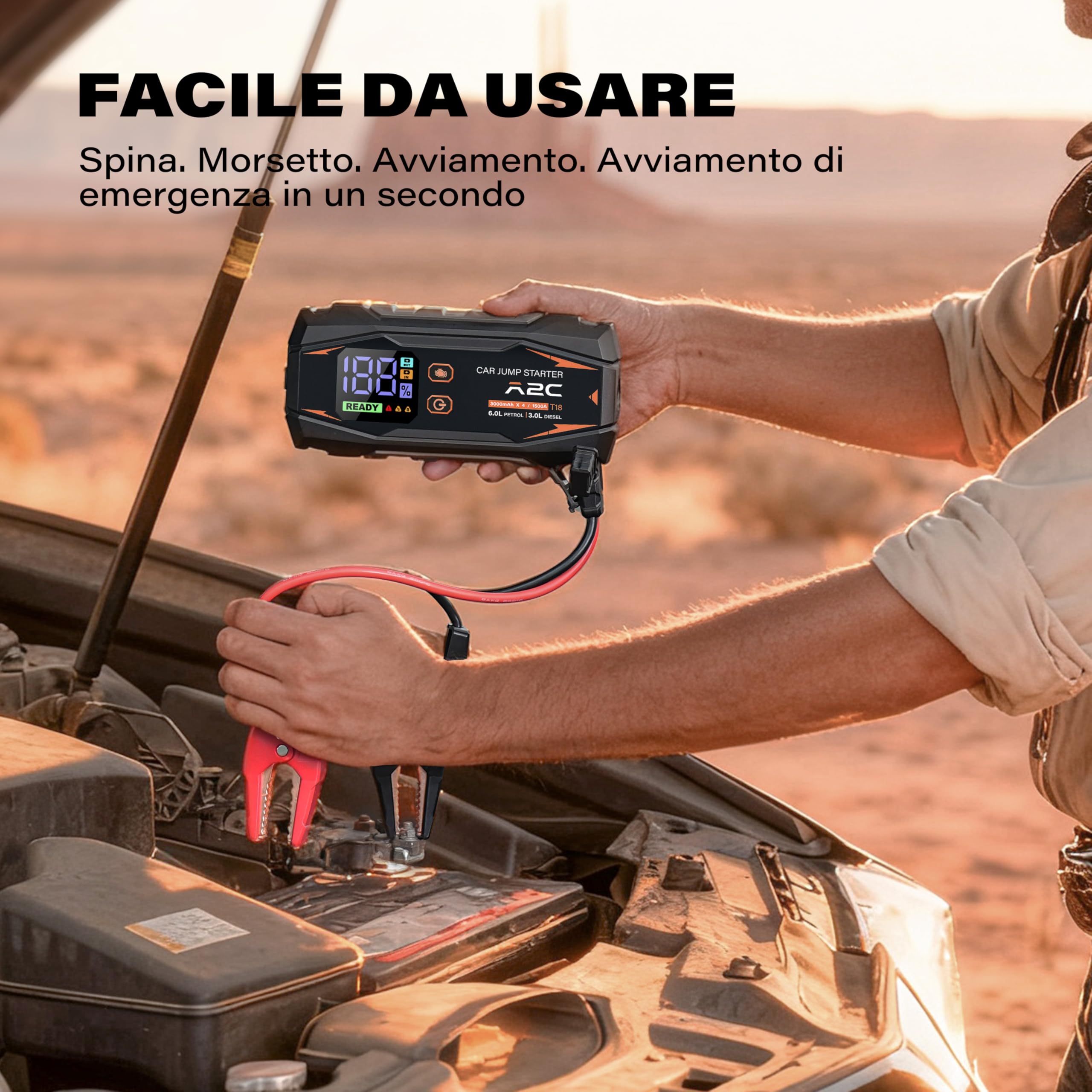 A2C Avviatore Batteria Auto 1500A, 16800mAh/12V per Benzina 6L/Diesel 3L | 3 porte USB-C, ricarica rapida PD/QC 3.0, display LED, pinze di sicurezza intelligenti, include custodia, design compatto