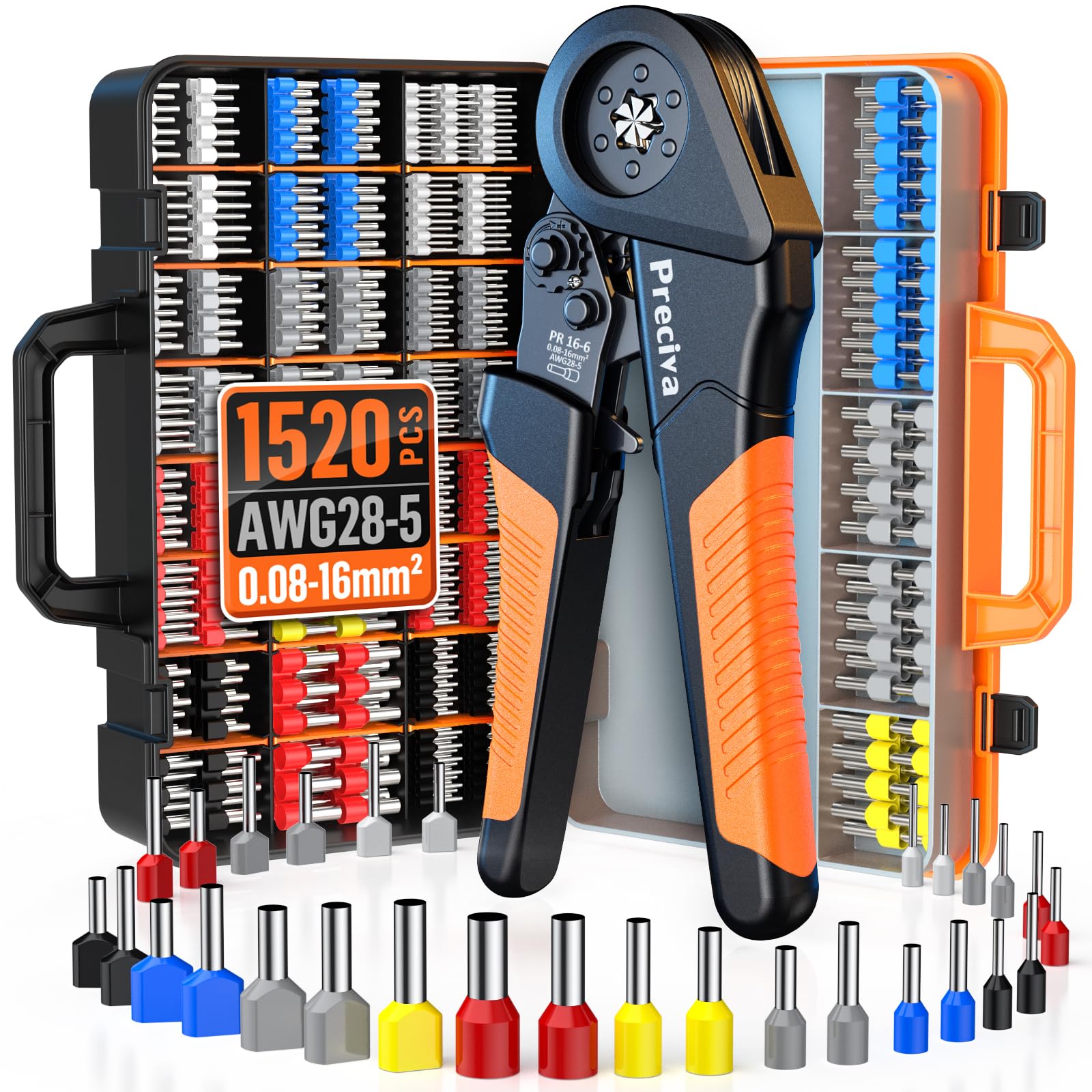 Preciva Crimping Tool Set - 0.08-16mm² Bootlace Ferrules Crimper with 1520 Crimps Connectors (510 Dual Wire Terminals), AWG28-5 Self-Adjustable Ratchet Crimp Plier with Suitcase for Cables