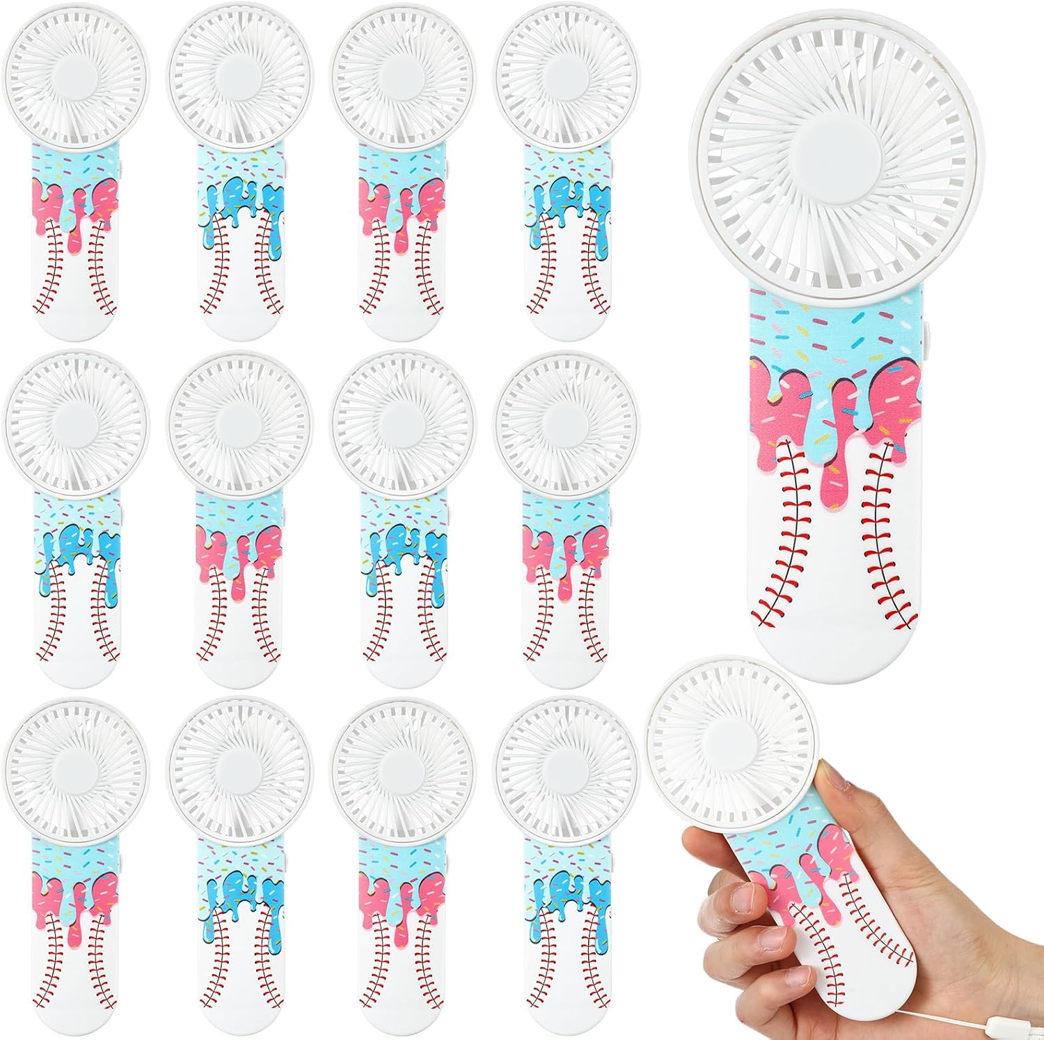 Honoson 12 Pcs Mini Portable Baseball Ice Cream Drip Fan Bulk Small Personal Handheld Fan with Lanyard for Team Gift Game Outdoor Sport Party Favors, Battery Not Include(Pink and Blue)