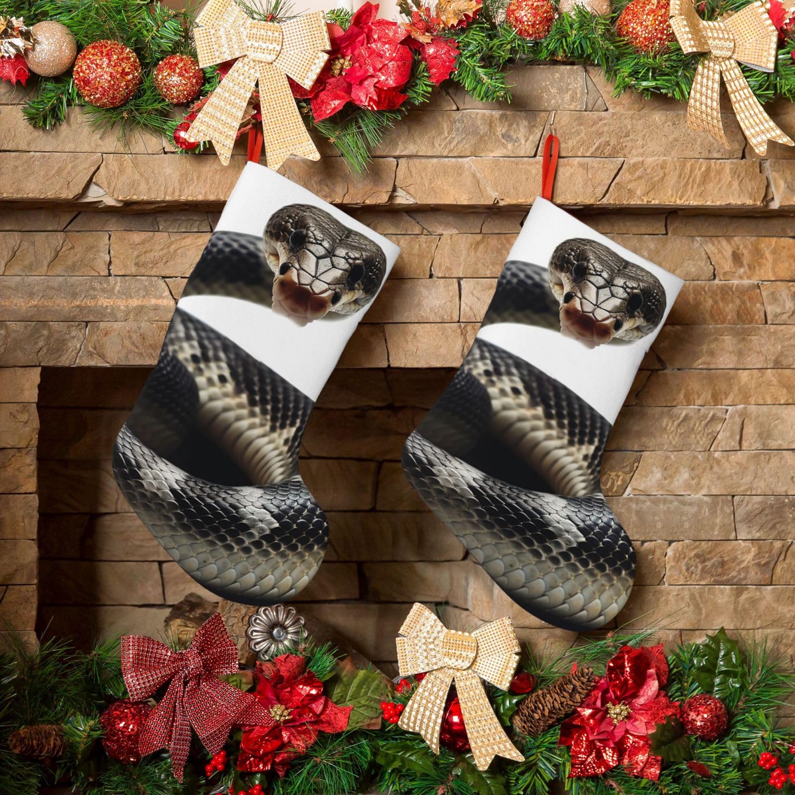 KLOPH Christmas Stockings 18" Personalized Xmas Stocking Cobra Snake Decoration Stocking Hanging Fireplace Stocking for Holiday Xmas Tree Christmas Fireplace Decor