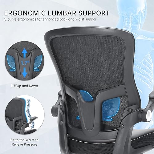 Miniatura 4 de Silla de oficina ergonómica, respaldo medio, de malla transpirable, silla giratoria para computadora con soporte lumbar ajustable, brazos abatibles,
