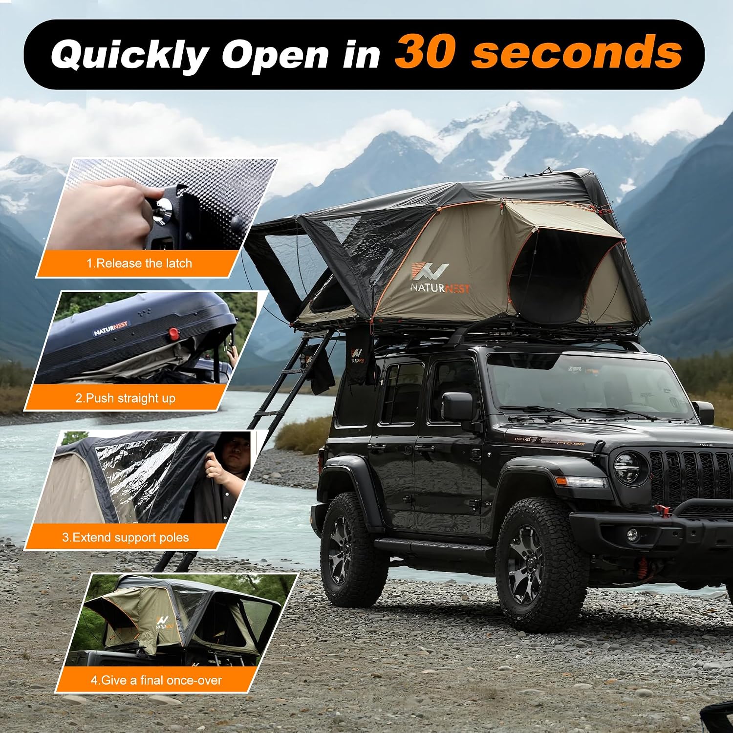 Naturnest Rooftop Tent Hard Shell with Annex Room, Easy Set Up Large Tent for 2-3 Person Camping, Waterproof 4 Season Tents for Truck, Jeep, SUV, Van, Trailer - Sirius 1 with Annex Room