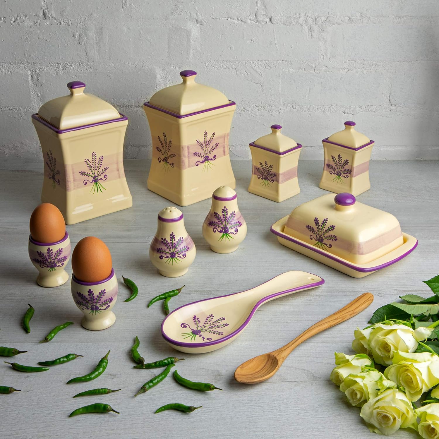 City to Cottage Handmade Lavender Floral Purple and Cream Ceramic Kitchen Serving, Storage Set of 10 | Large & Small Canisters, Butter Dish, Egg Cups, Salt & Pepper Shakers, Spoon Rest, Gift