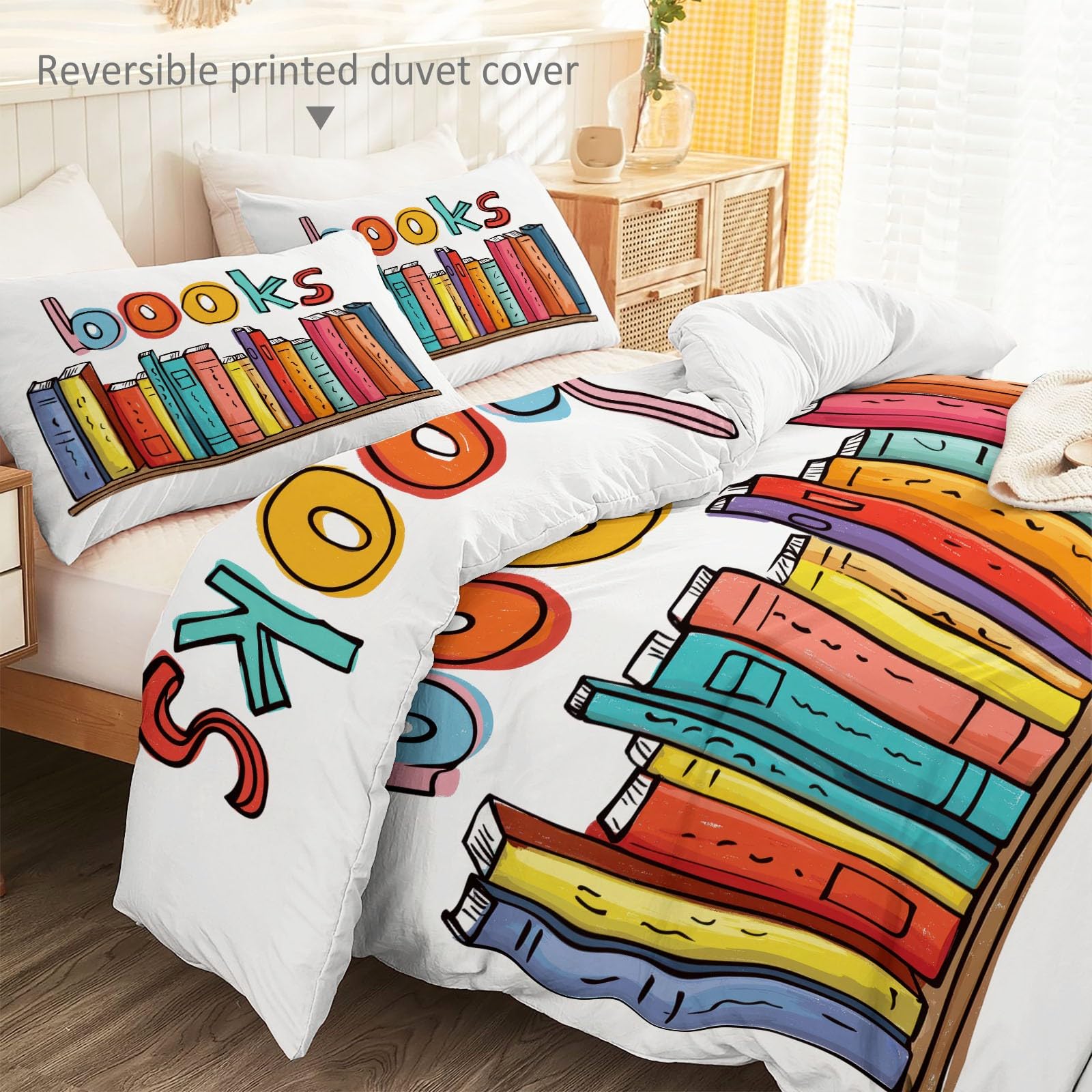 Generico Biancheria Da Letto Per Ragazze 200 x 200 cm, Fumetti Libri Linee Set Di Biancheria Bambini 3 Pezzi - Chiusura Lampo Copripiumino 2 Federa 50 X 75 Cm Bianco