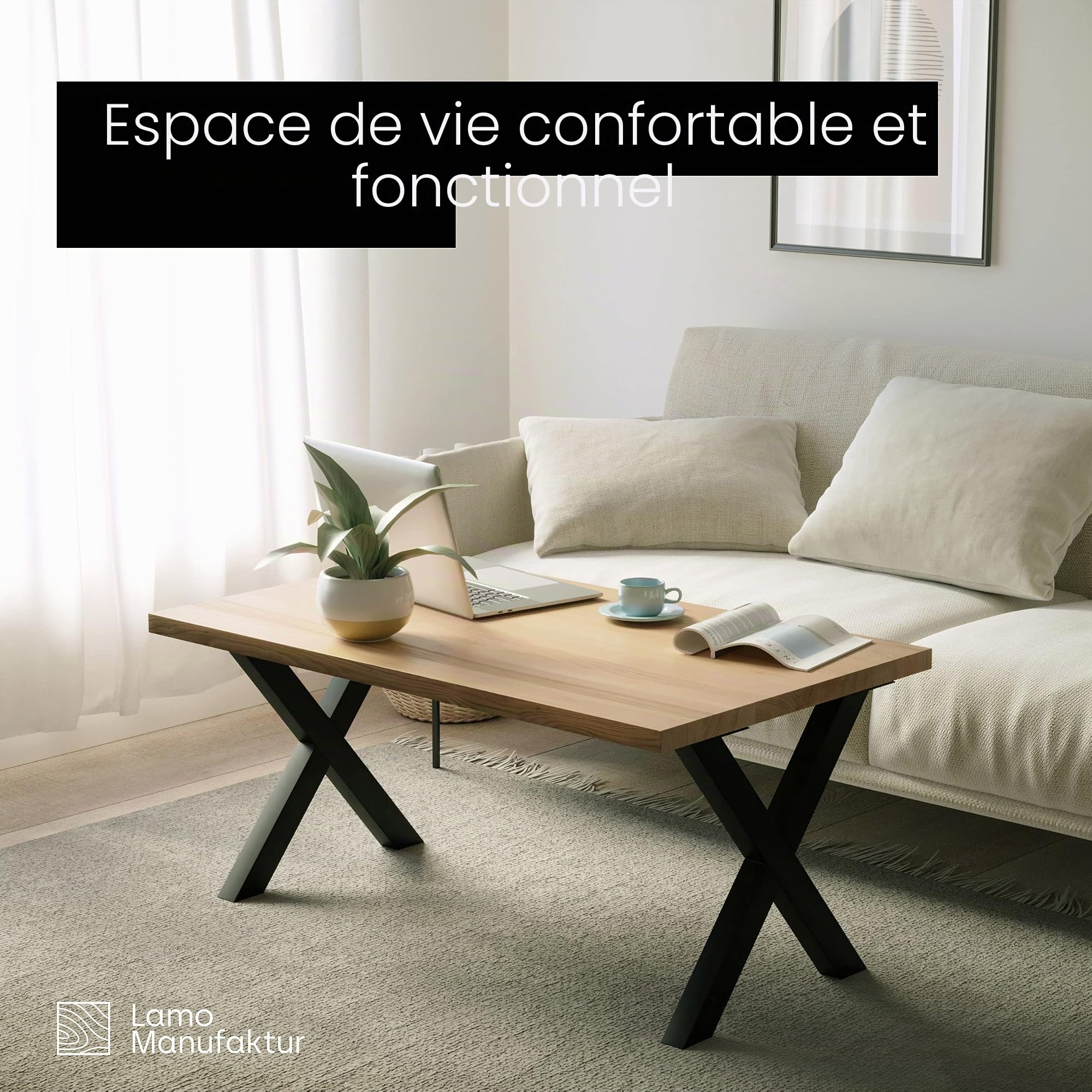 LAMO Manufaktur Pieds pour Table à Manger | Pieds de Bureau, modèle : Mark Massive | Profil 80x80 mm | Taille 80x72 cm (L x H) | Noir| 2 pièces | LTS-03-J-FF-9005