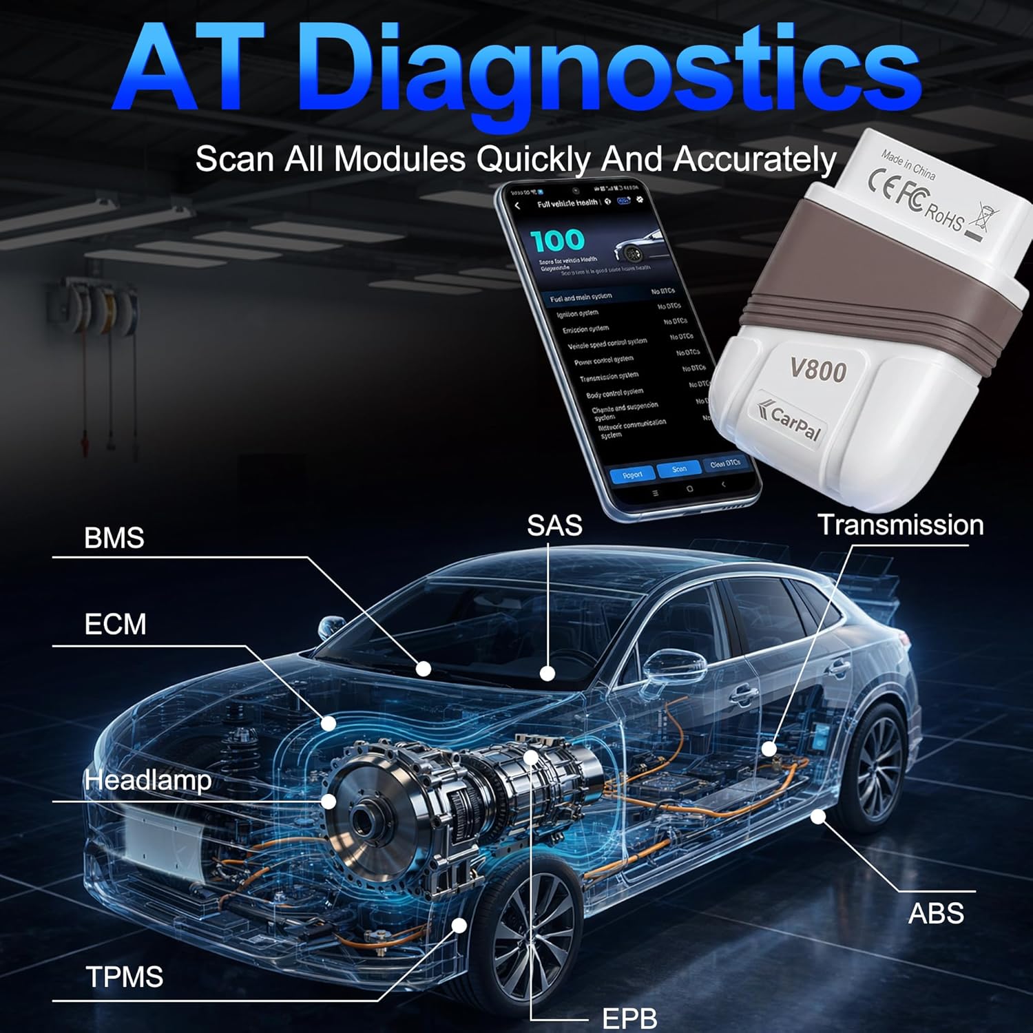 OBD2 Scanner Bluetooth, AI-Assisted All System Diagnostic Tool for iOS & Android, Private Protocol Automotive Diagnostic Tool for Deep System Scan, Code Analysis & Repair Advice