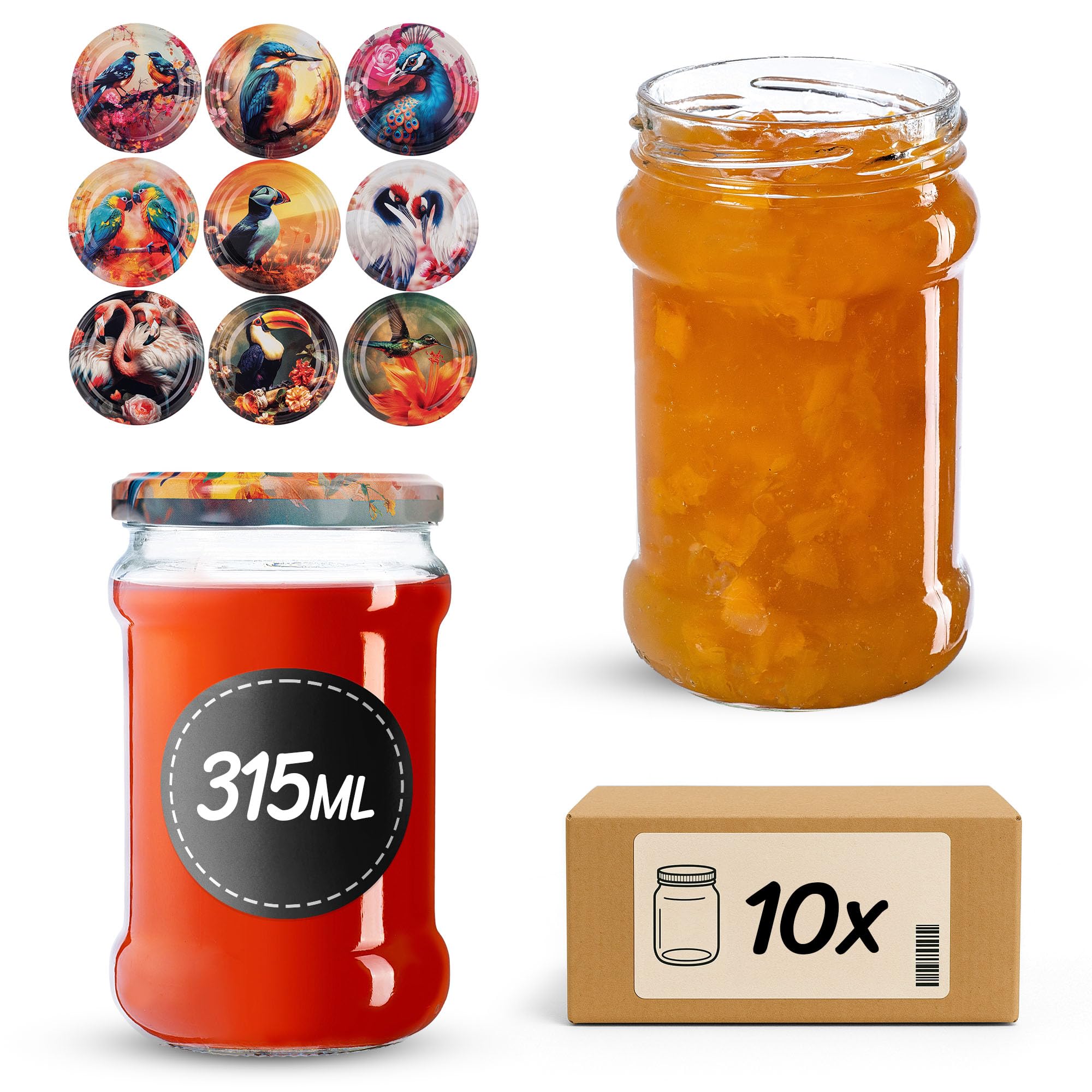 KADAX 10er Set Einmachgläser 315ml TO66 Bunte Vögel, Marmeladengläser Vorratsgläser Mason Jar mit Schraubdeckel, Luftdicht & Spülmaschinenfest, Honig- & Dessertgläser