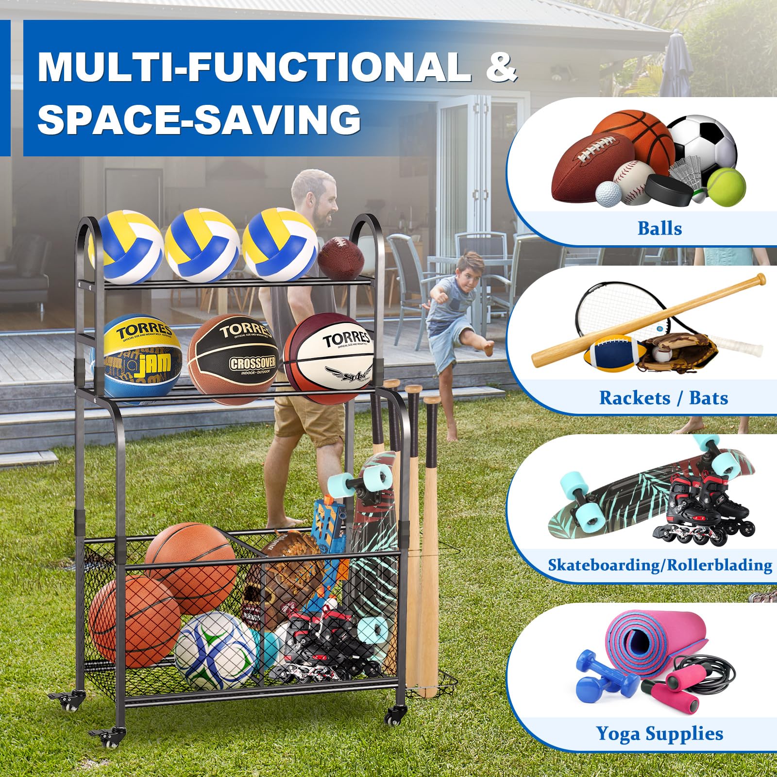 Arejonner Garage Garage Sports Equipment Organizer - Rolling Ball Storage Bin with Wheels and Rope Sports Equipment Organizer - Rolling Ball Storage Bin with Wheel, Black