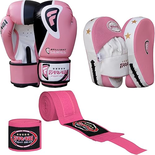 Farabi Sports Women Boxing Training Set Includes Boxing Gloves Boxing Pads with Hand Wrap for MMA Muay Thai Training Kickboxing
