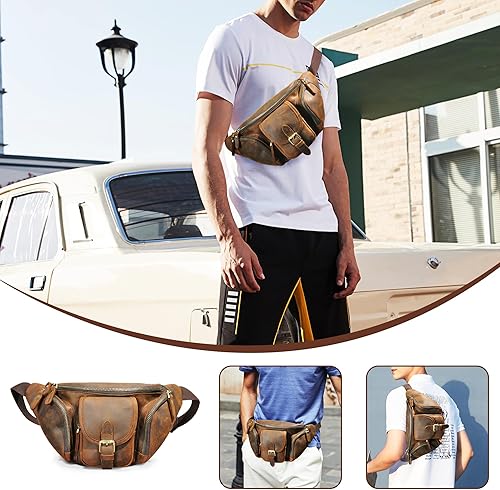 Miniatura 3 de Grueso caballo loco cuero senderismo equitación viaje al aire libre cinturón riñonera riñonera pequeña bolsa de teléfono para hombres mujeres 380,