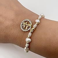 Vista 7 de Medalla colgante de arcángel de San Miguel en cordón ajustable de marfil y perlas de agua dulce pulsera ajustable