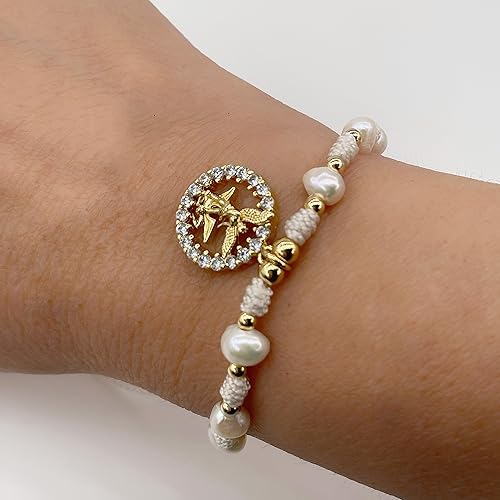 Miniatura 7 de St Michael Archangel Pendant Medal on Adjustable Ivory Cord and Freshwater Pearls Wrist Adjustable Bracelet (Ivory)