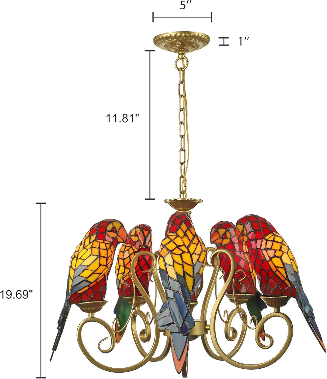 Top Brands BAYCHEER Parrot Chandeliers Tiffany Pendant Lamp 5 Lights Chain Adjustable Industrial Lighting Stained Glass Shade Bird Ceiling Pendant Light Hanging Fixture for Kitchen, Bedroom, Restaurant in Red