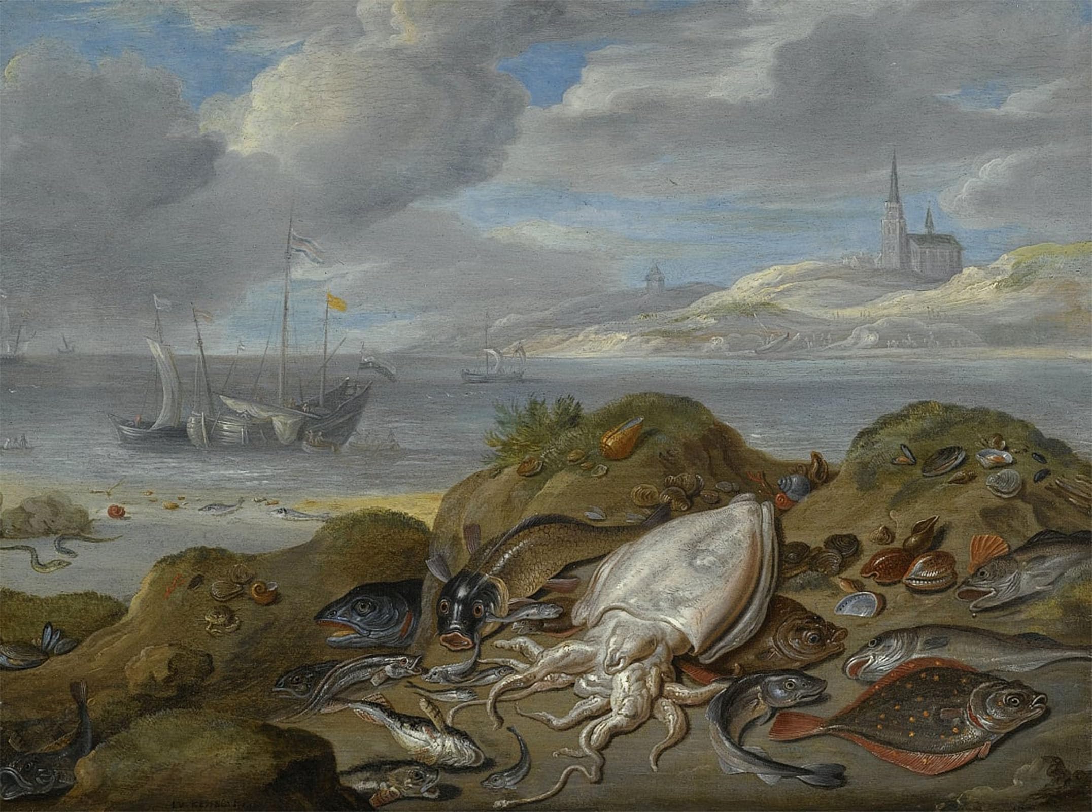 POSTERIIk Vintage Classic Picture Landscape Artwork Still Life with Other Fish on a Church Across an Estuary Beyond by Jan Van Kessel the Elder Portrait Canvas Painting for Office Home Decor 60x90cm