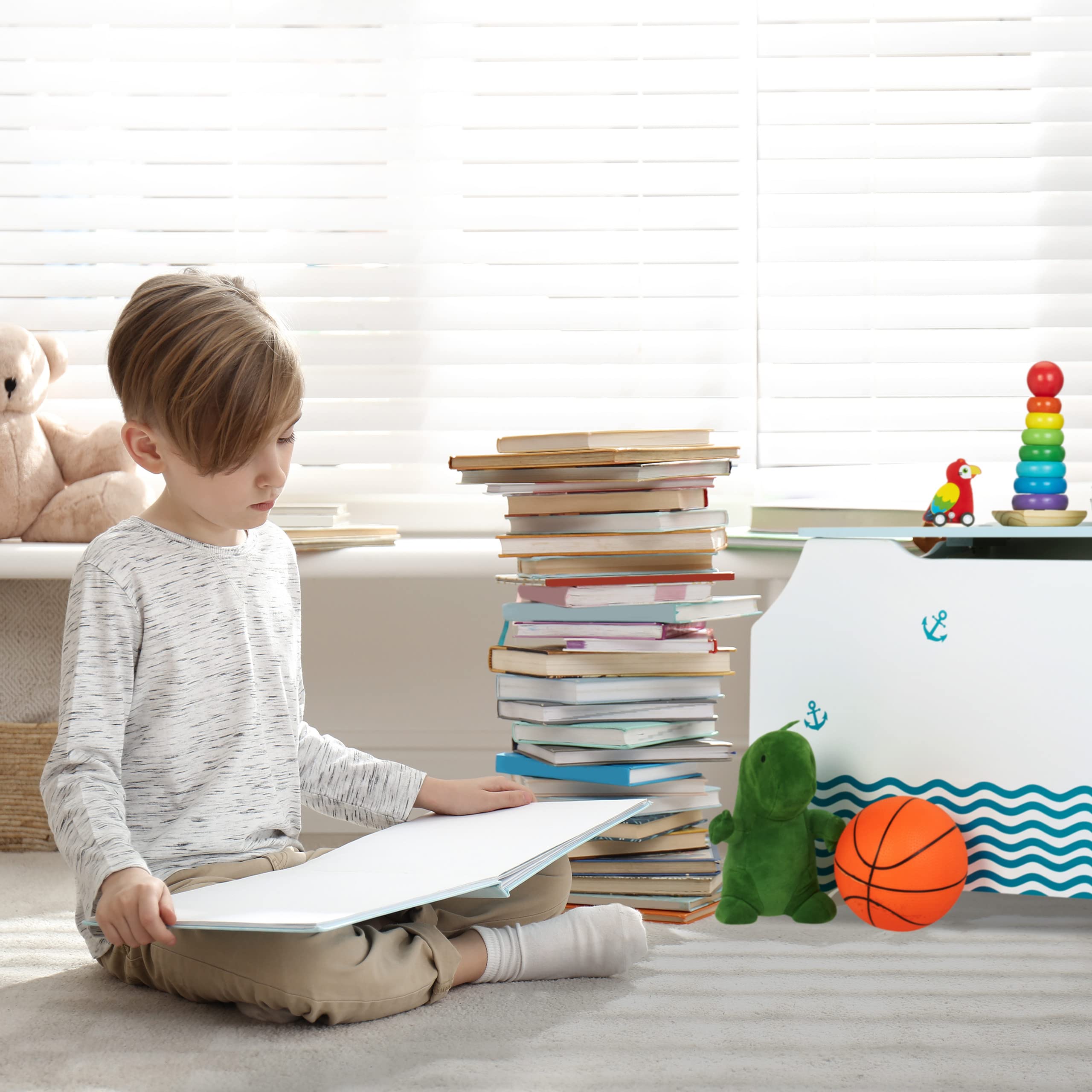 Relaxdays Coffre à Jouets, Motif Maritime, Malle, Couvercle, HLP : 46x84x42,5 cm, Range-Livres, bac Peluches, Bleu-Blanc