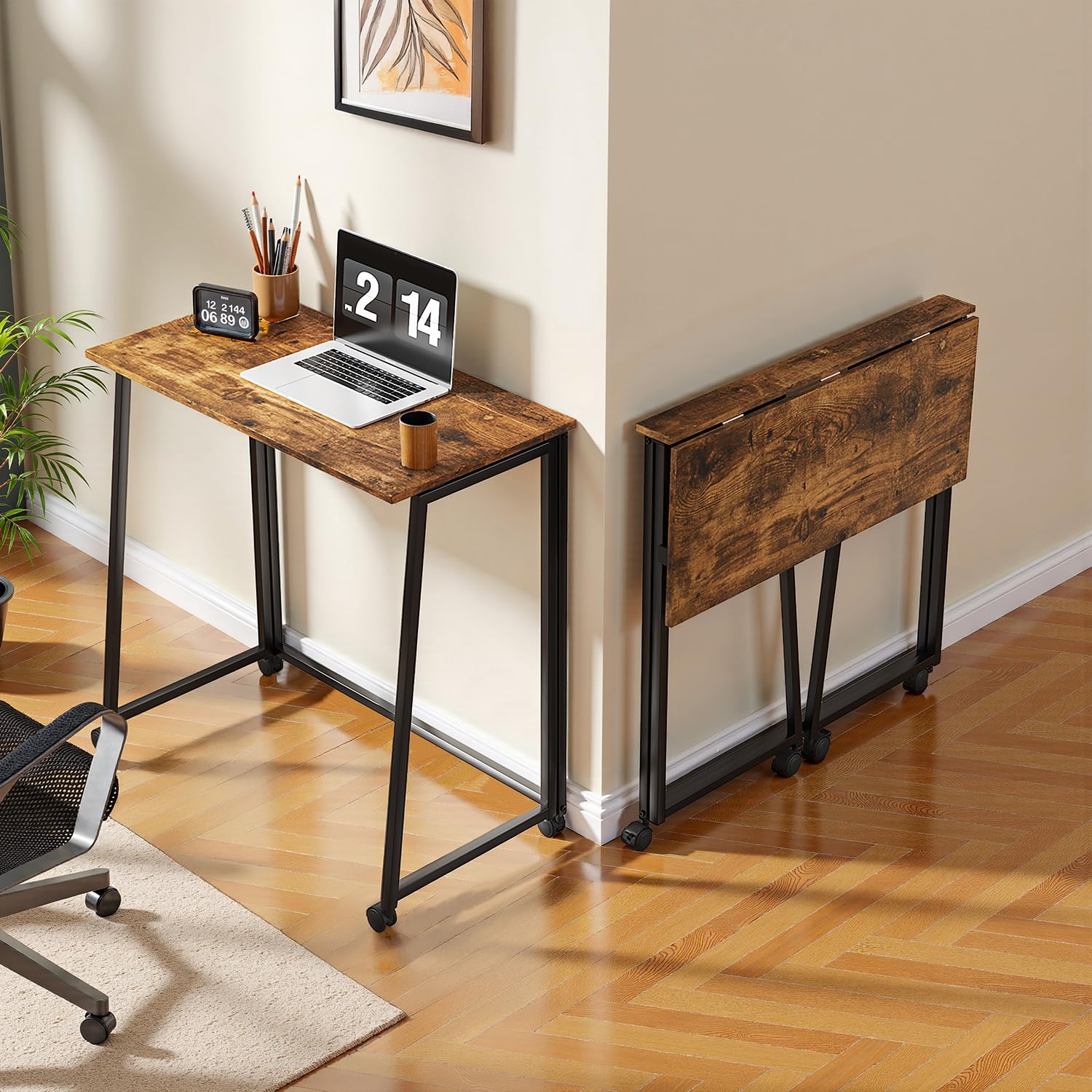 MEUBLE Cosy Escritorio Plegable con Ruedas Mesa de Ordenador para Ahorrar Espacio Oficina Hogar Estudio, Estructura de Acero, Industrial, Montaje Sencillo, Marrón