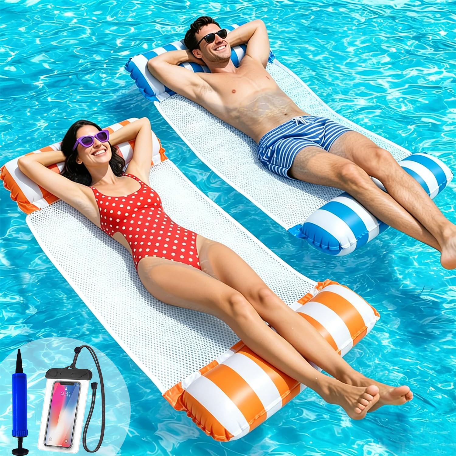 Swimming Pool Float Hammock, 2 PCS Inflatable Pool Floats 4 in 1 Swimming Pools Water Hammock Inflatables Portable Float Lounge Bed with Pump Waterproof Phone Pouch for Adults Beach Summer