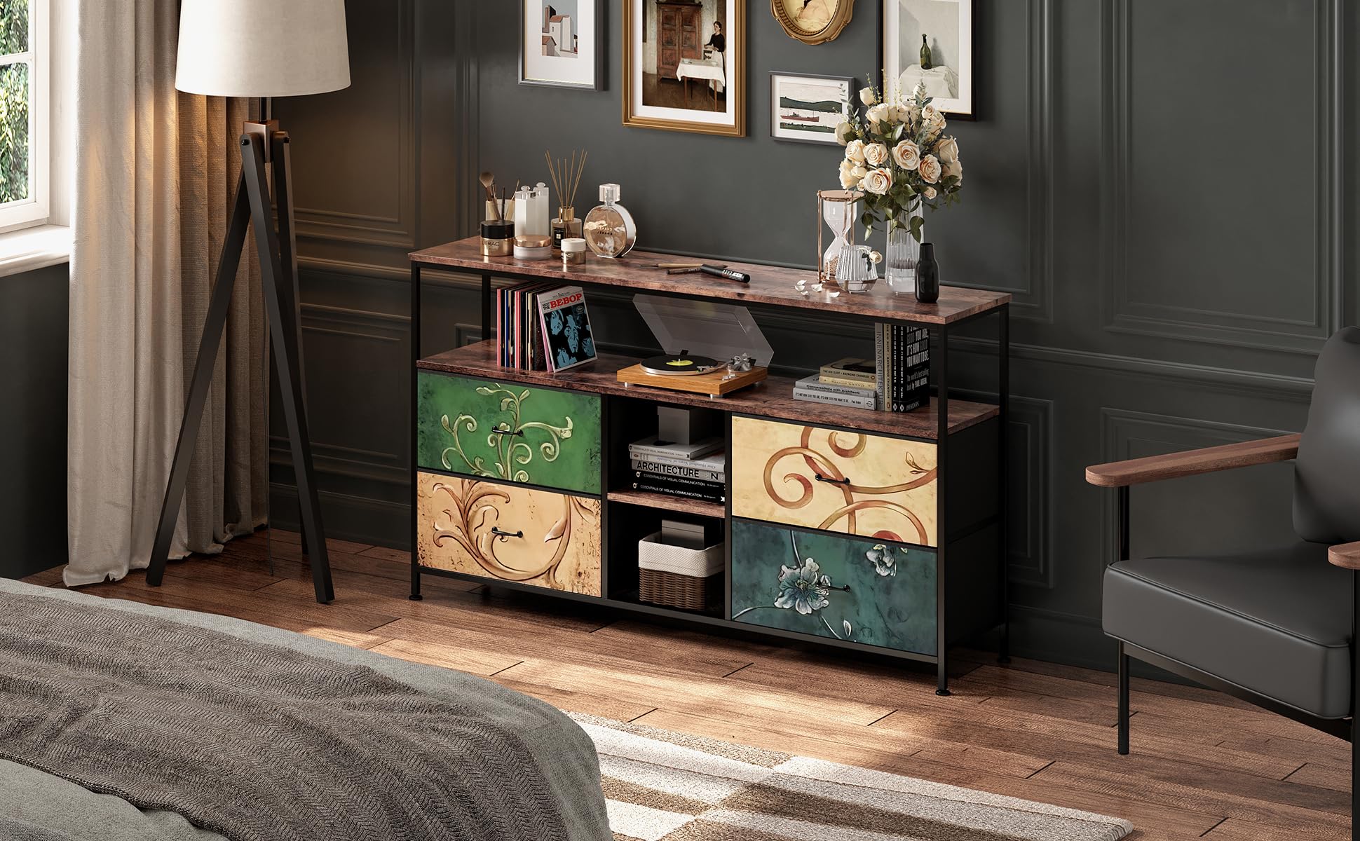 Mueble de TV con LED, 137 cm Armarios de Entretenimiento con 4 cajones de Almacenamiento extraíbles, Banco de TV con Espacio de Almacenamiento, Mueble de Salón Moderno﻿ (Color, 137cm)