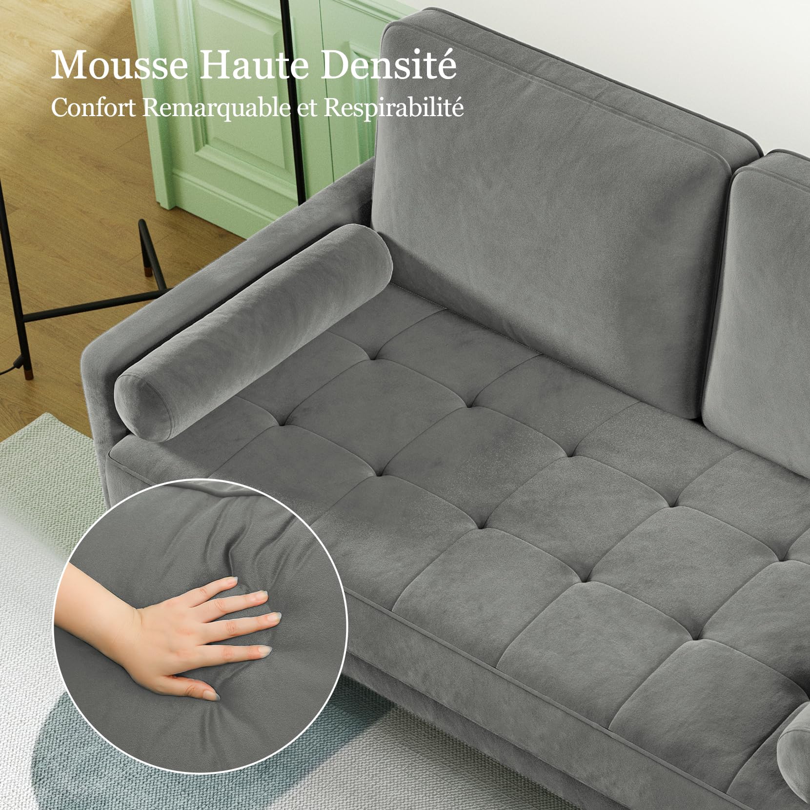 Vesgantti Petit Canapé 2 Places en Velours Gris 121cm Coussin à Ressorts, Accoudoirs, Salon Moderne, Causeuse Fixe