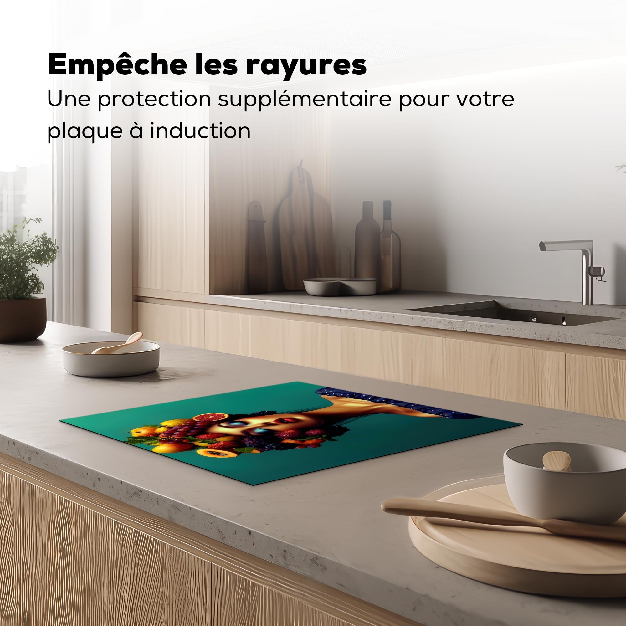 KitchenYeah© Protection Plaque Induction Protege Deco Cuisine Cache Protège | 60x52 cm - De Cuisson Accessoires Femme - Coiffe - Tropical - Fruits - Raisins