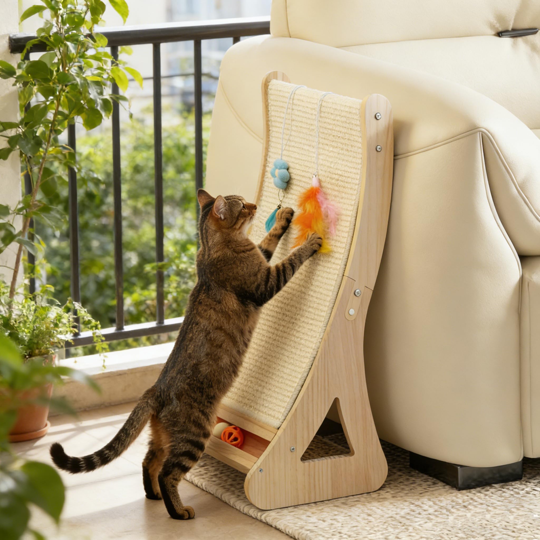 Rascador para gatos de doble uso, cartón rascador para gatos, grande, 63 cm, curvado, muebles para gatos, 100 % sisal natural, para sofá y protección de pared, con cascabeles, juguete de