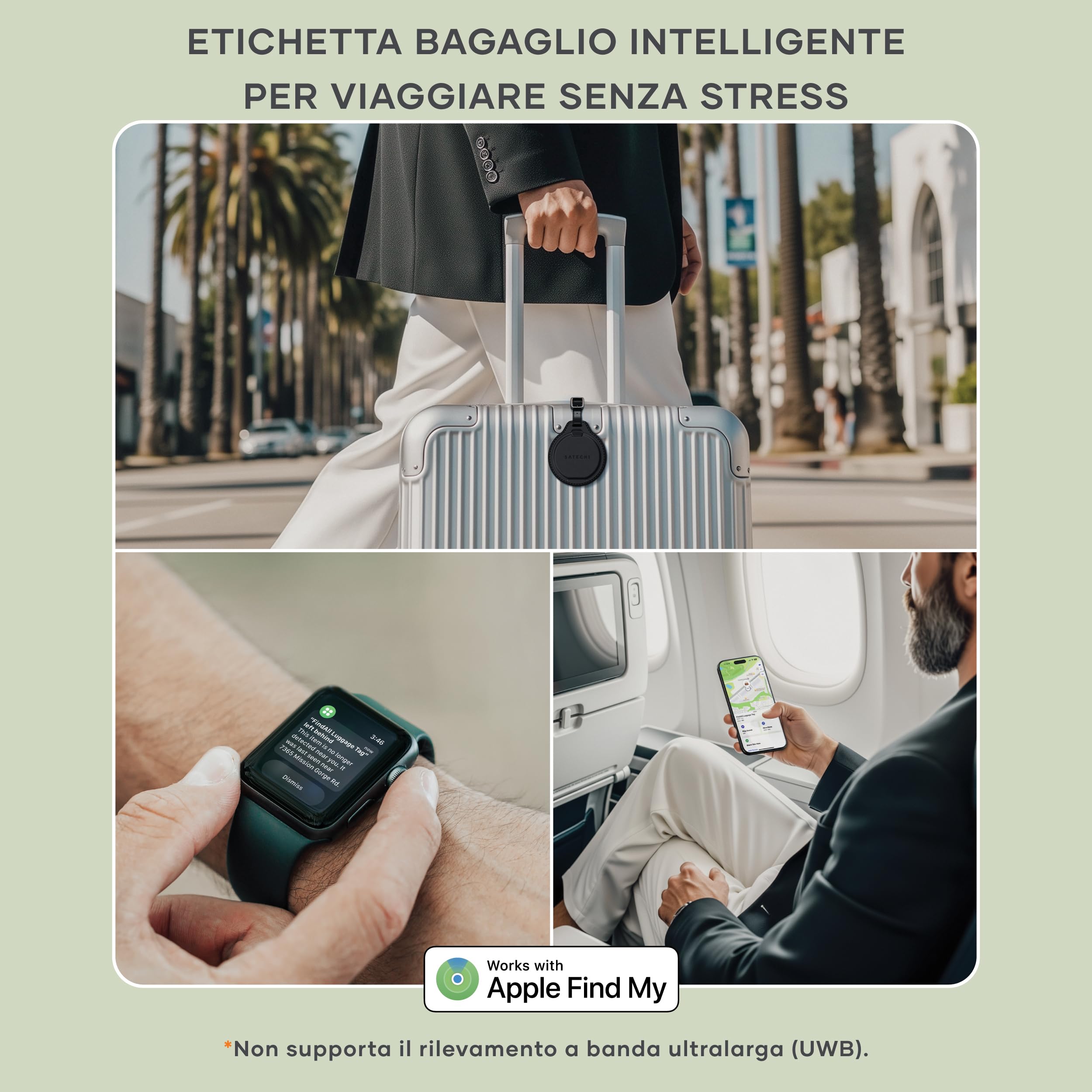 SATECHI FindAll GPS Tracker per Valigie, Apple Find My, Nero | Localizzatore Bluetooth, ricarica wireless, compatibile TSA, avvisi di smarrimento potenti, per iPhone, iPad, Mac