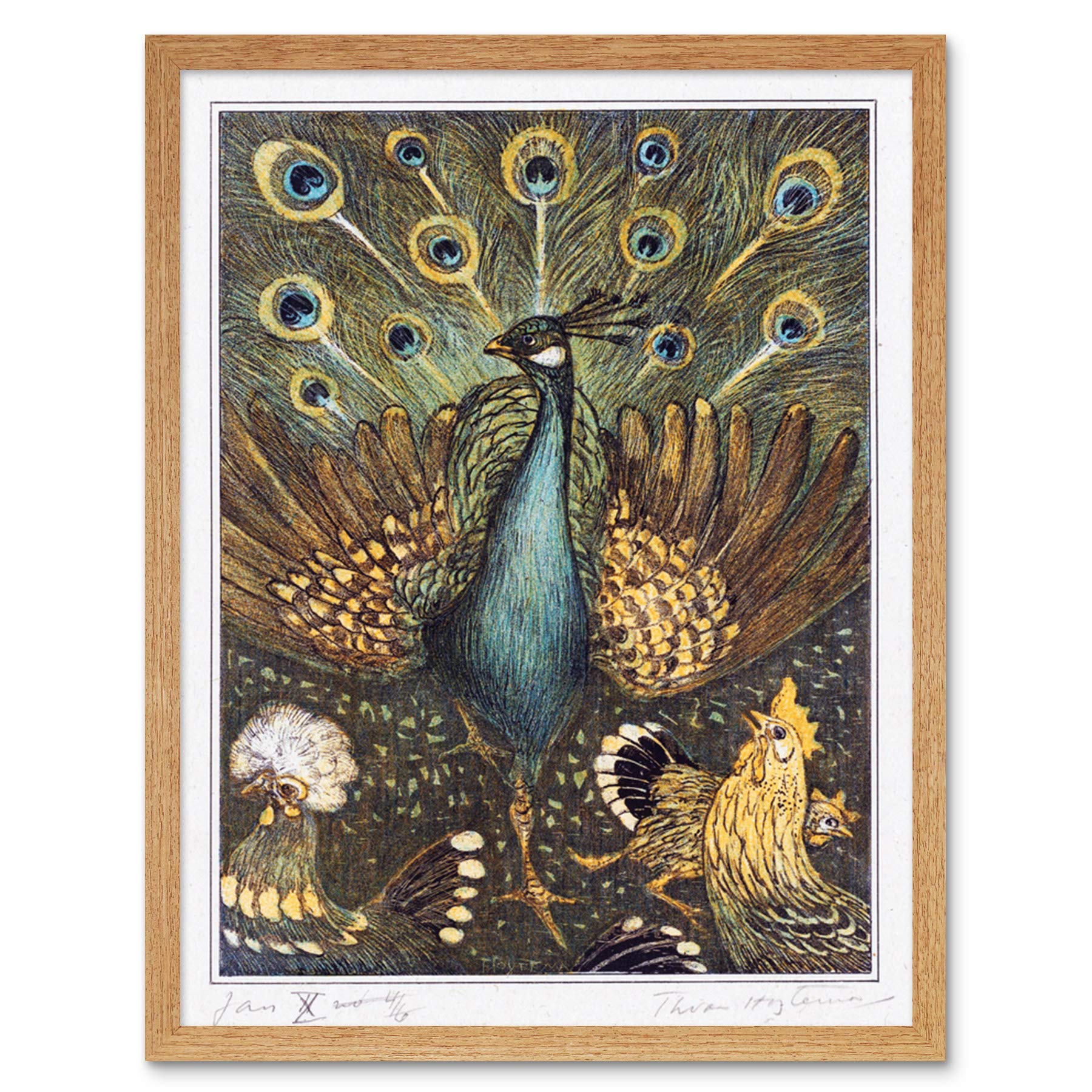 Artery8 Hoytema Peacock Chickens Birds Drawing Art Print Framed Poster Wall Decor 12x16 inch
