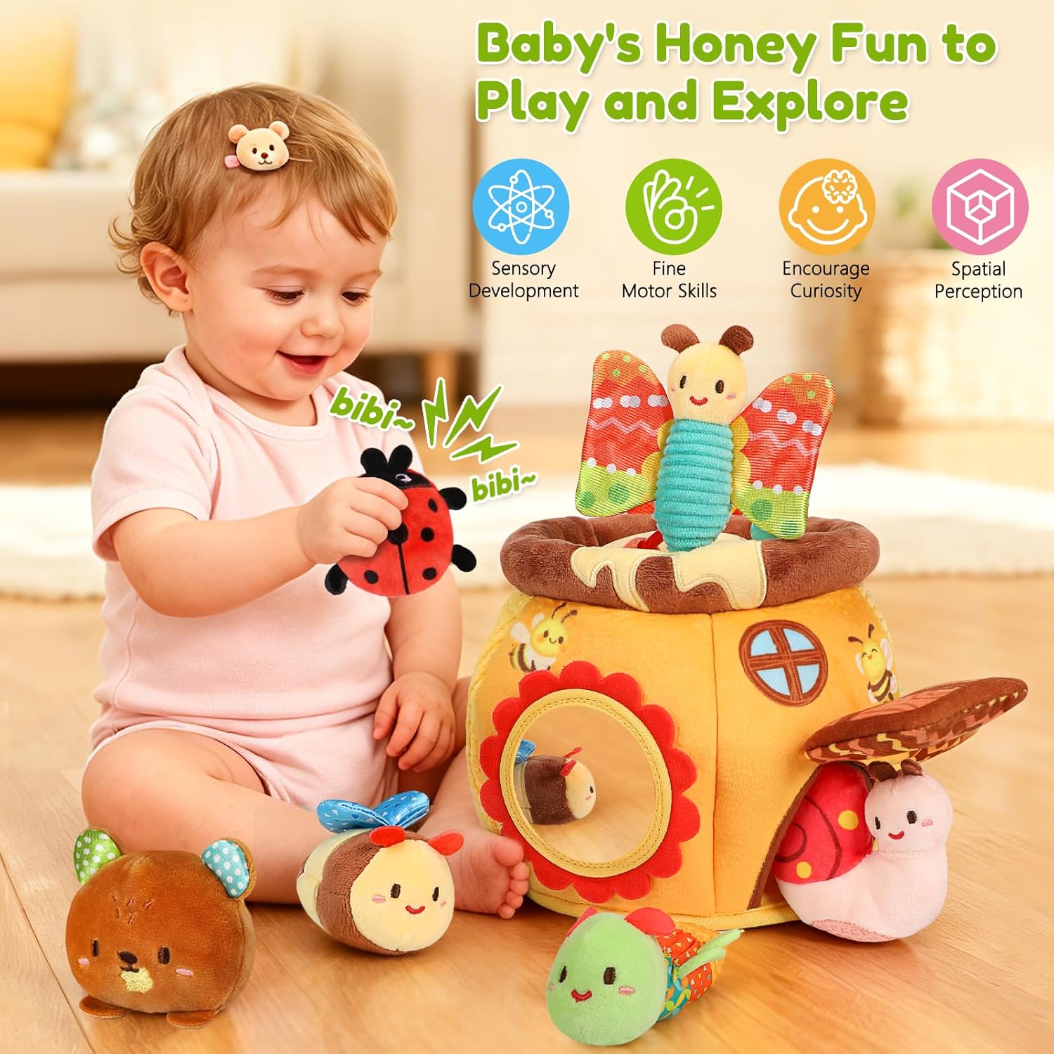 Baby Sensory Toys 6-12 Months, Soft Honey Jar with 6 Sensory Stuffed Animals, Montessori Toys for 1 Year Old with Rattle, Crinkle Squeaker Mirror Infant Tummy Time Toys, Toddler Baby Gifts