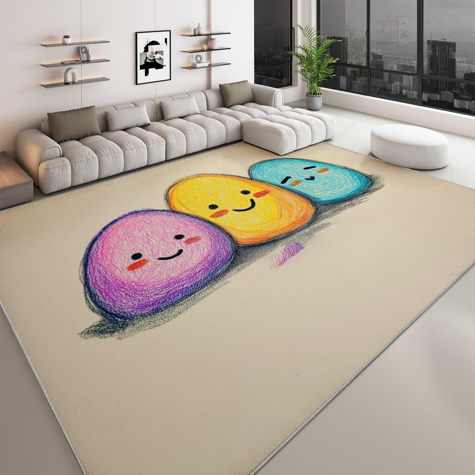 Dywan z małymi figurkami, do salonu, 100 x 160 cm, ręcznie rysowany, żółty, nadaje się do prania, z krótkim włosiem, duży dywan do sypialni, pokoju dziecięcego, pokoju zabaw, wycieraczka