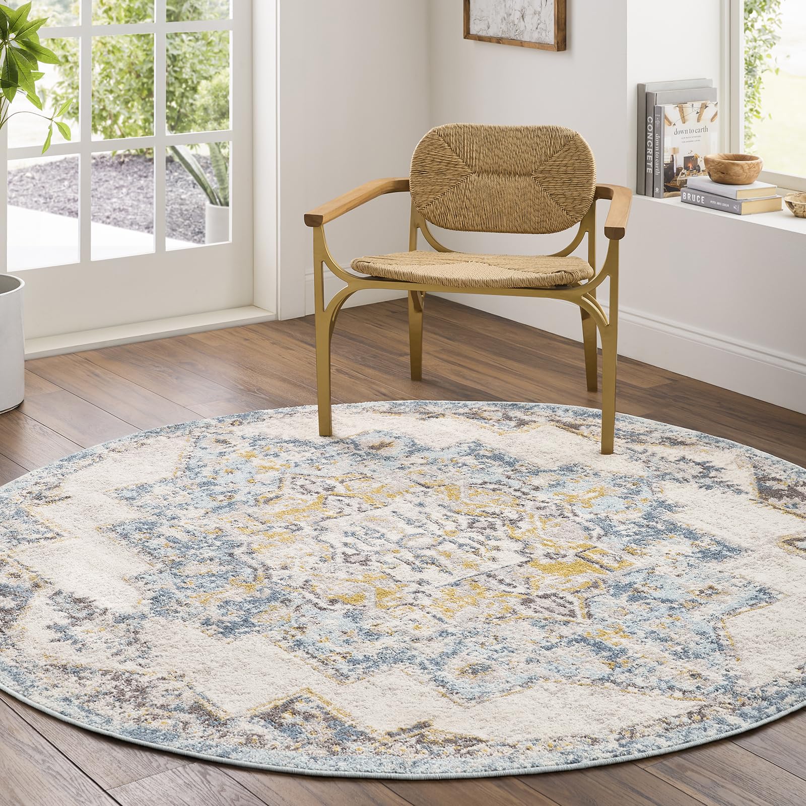 Livabliss Sun Orlando Vintage Carpet 160 cm – Living Room & Bedroom, Scandi Neutral Traditional Pattern, Easy Care Pile, Blue, Mustard & Beige