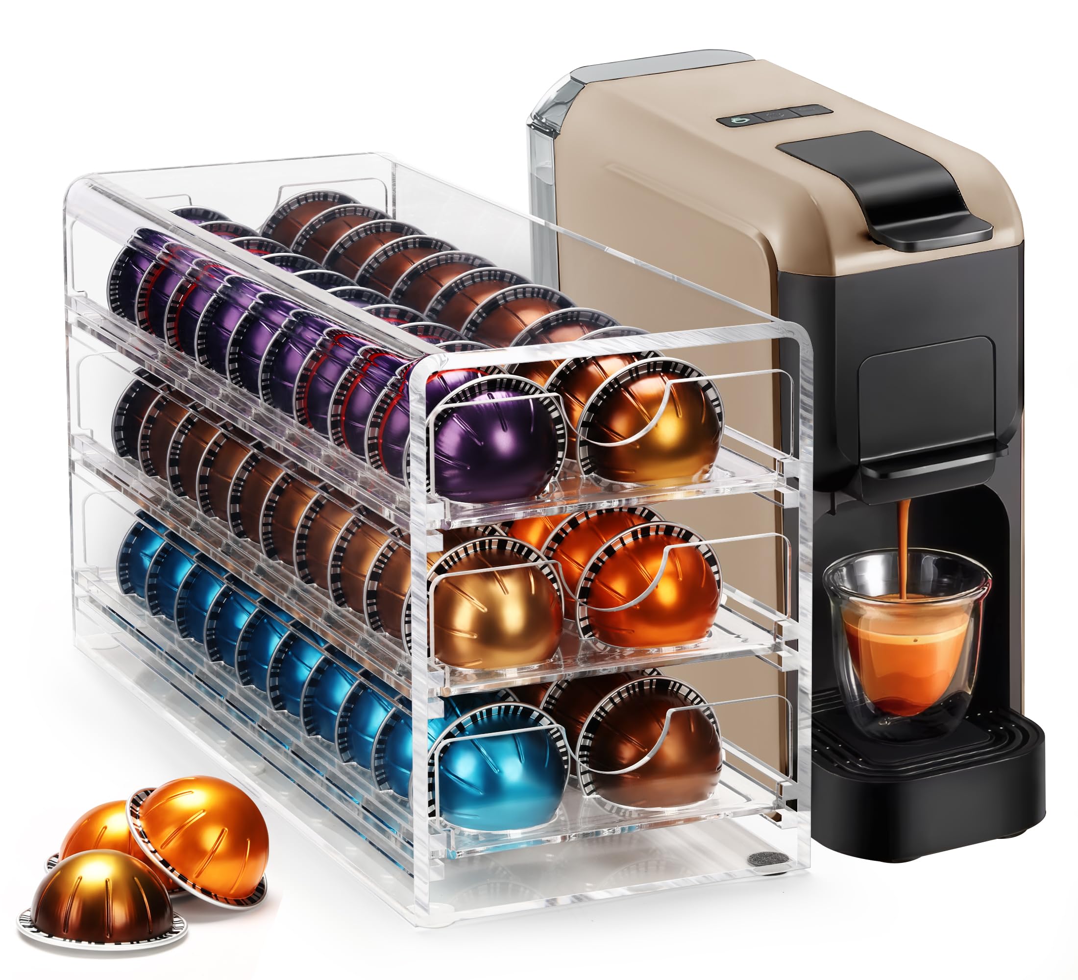 Photo 1 of 3 Layers Clear Acrylic Coffee Pod Drawer for Nespresso Vertuo 60 Pod Double Sided Pull Out Organizer