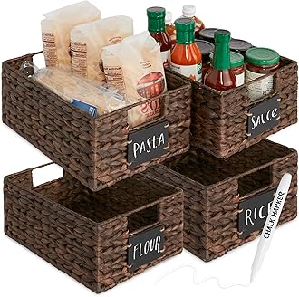 Set of 4 9x12in Water Hyacinth Pantry Baskets, Woven Organizers w/Chalkboard Label, Chalk Marker - Brown