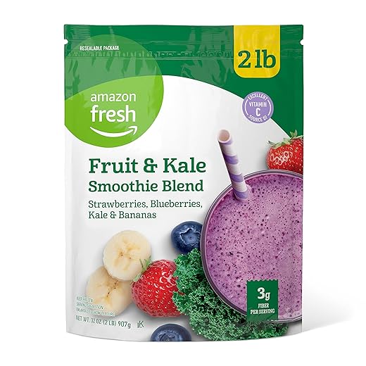 Amazon Fresh, Fruit & Kale Smoothie Blend, Strawberries, Blueberries, Kale & Bananas, Frozen, 32 Oz
