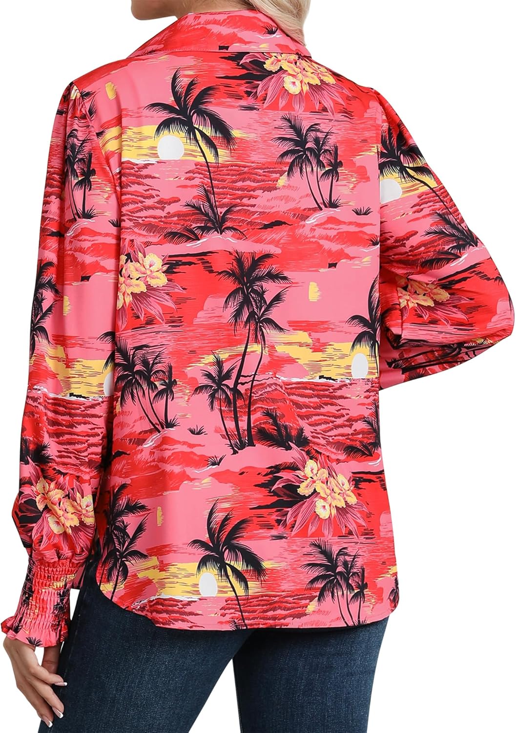 Womens Button Down Hawaiian Shirts Puff Long Sleeve Dressy Casual Floral Printed T-Shirt Trendy V Neck Comfy Boho Blouse Tops - Image 5